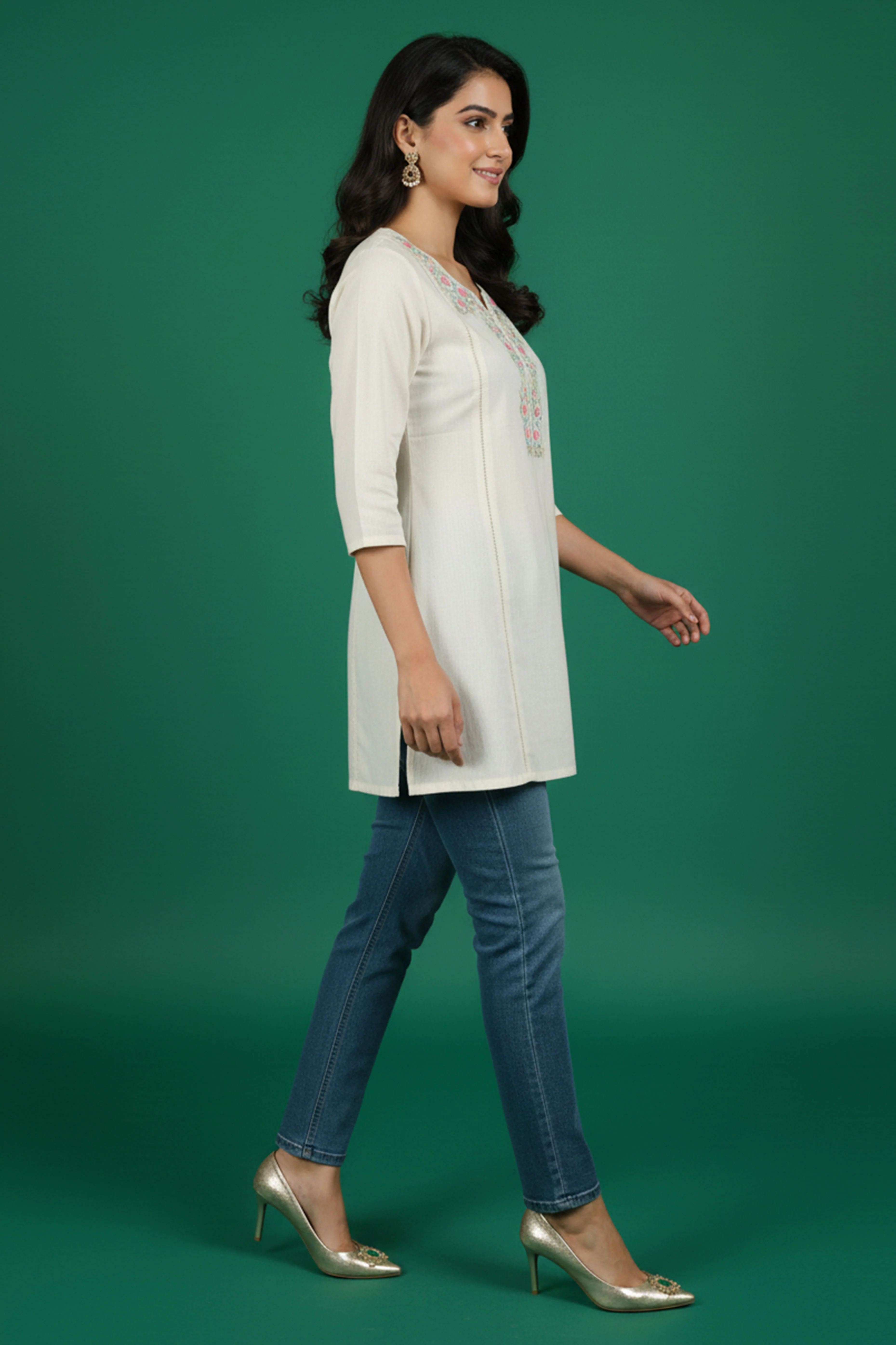 White Floral Embroidered A-Line Top in Pure Cotton - Image 4
