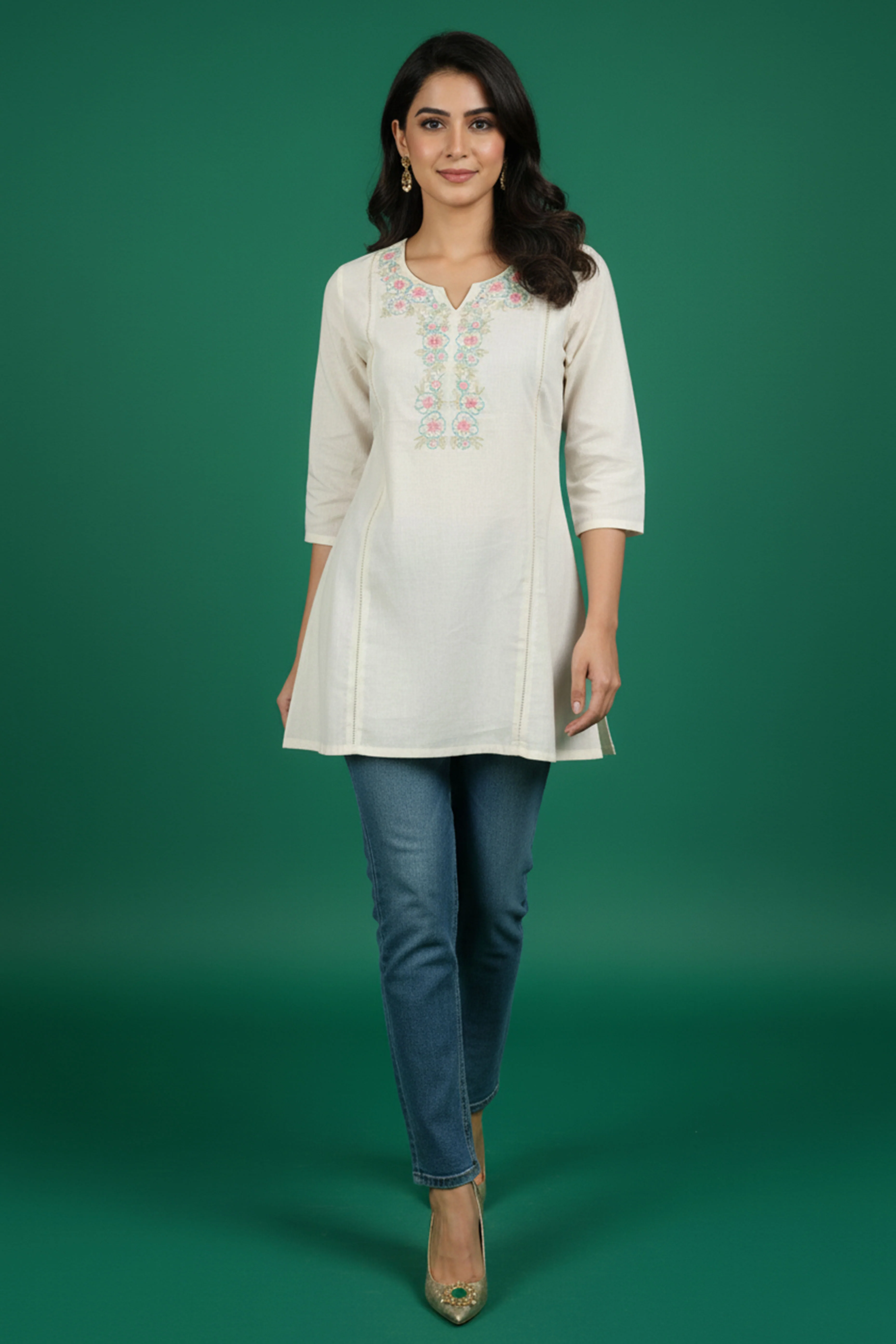 White Floral Embroidered A-Line Top in Pure Cotton - Image 5