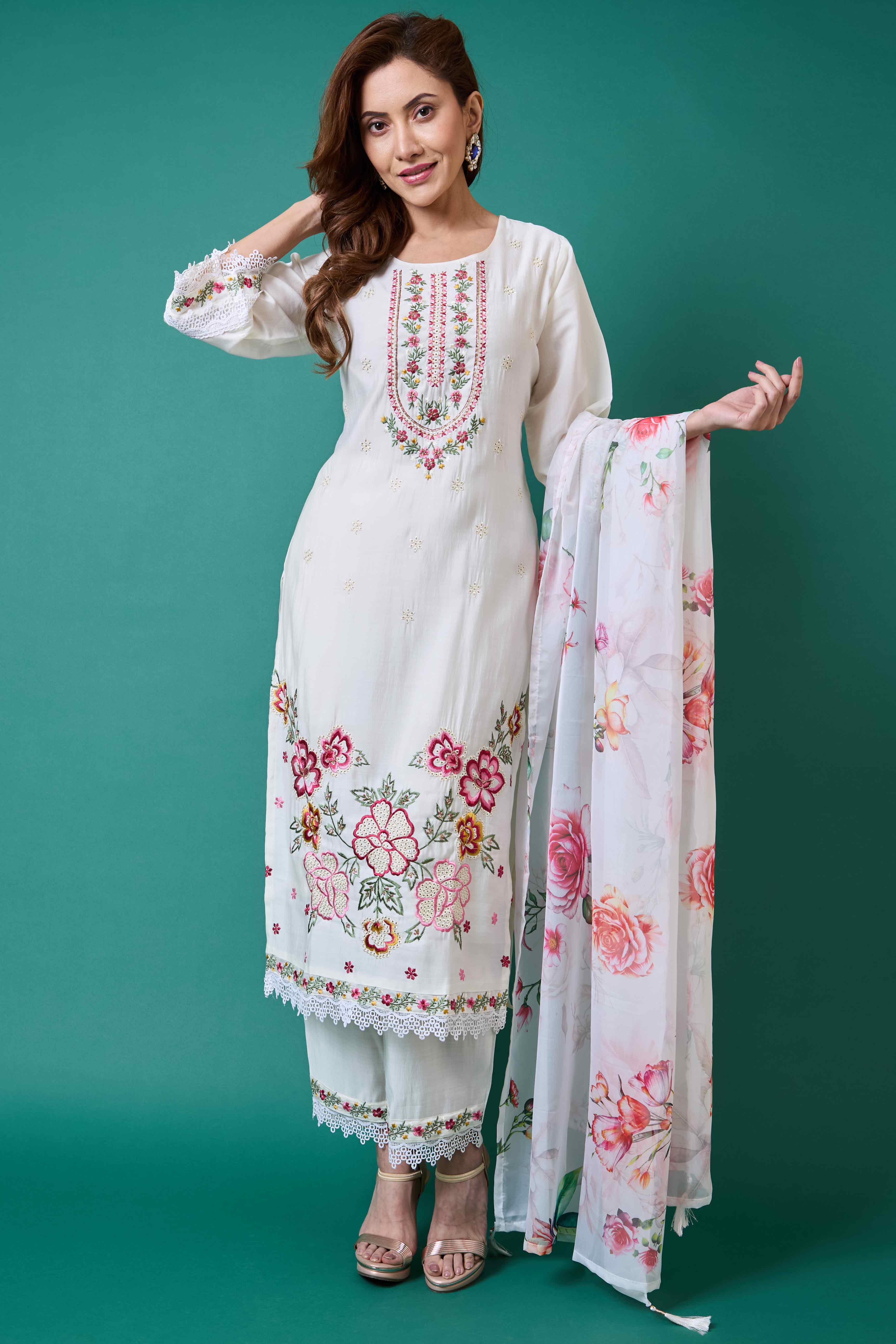 White Floral Embroidered Chanderi Silk Salwar Suit - Image 9