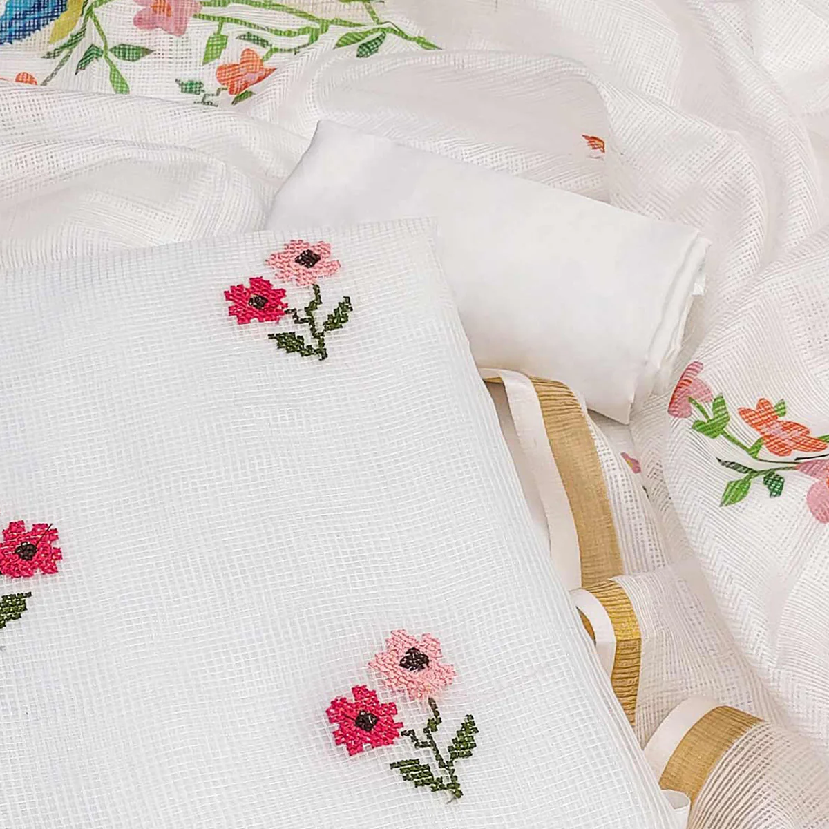 White Floral Embroidered Kota Doria Dress Material - Image 2