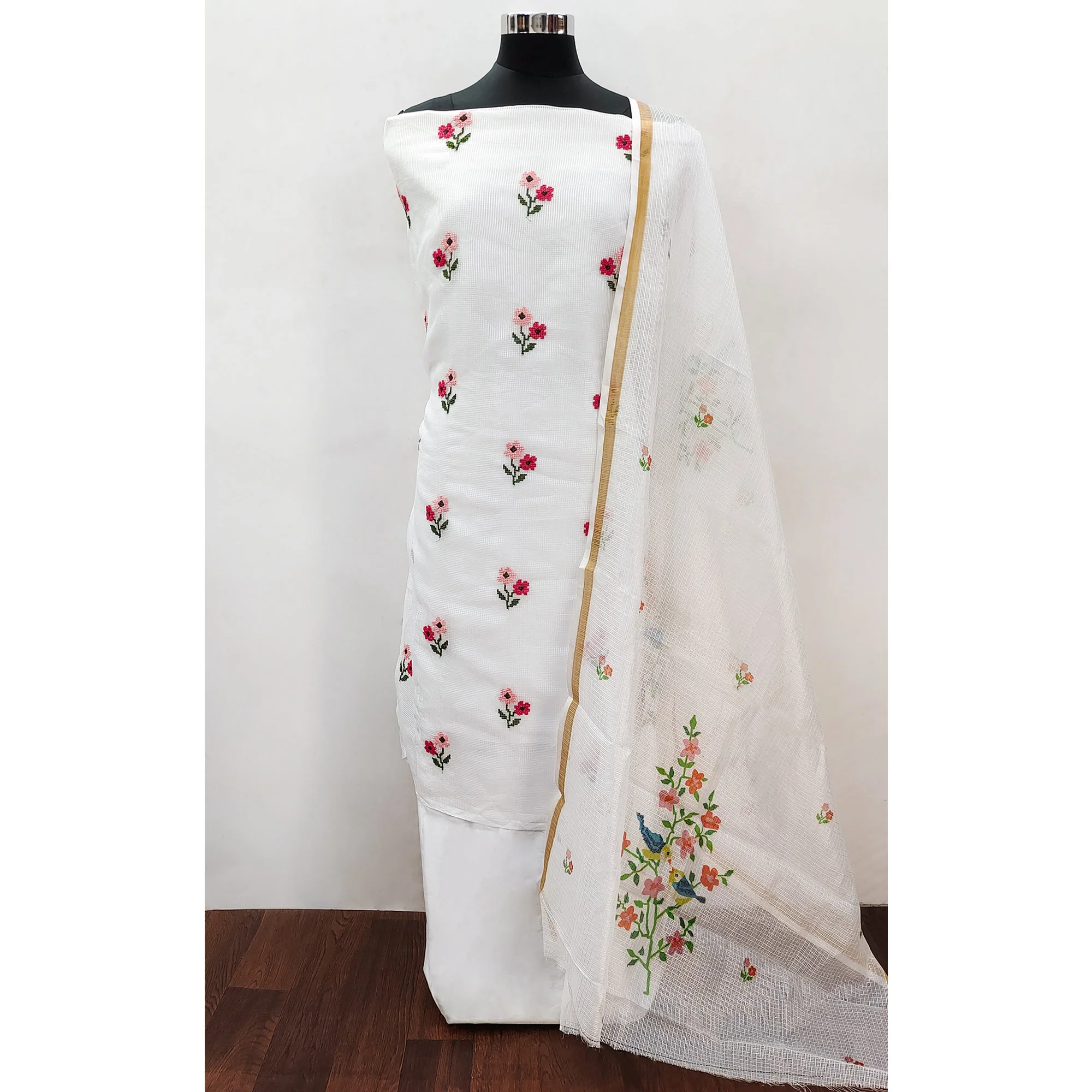 White Floral Embroidered Kota Doria Dress Material - Image 3