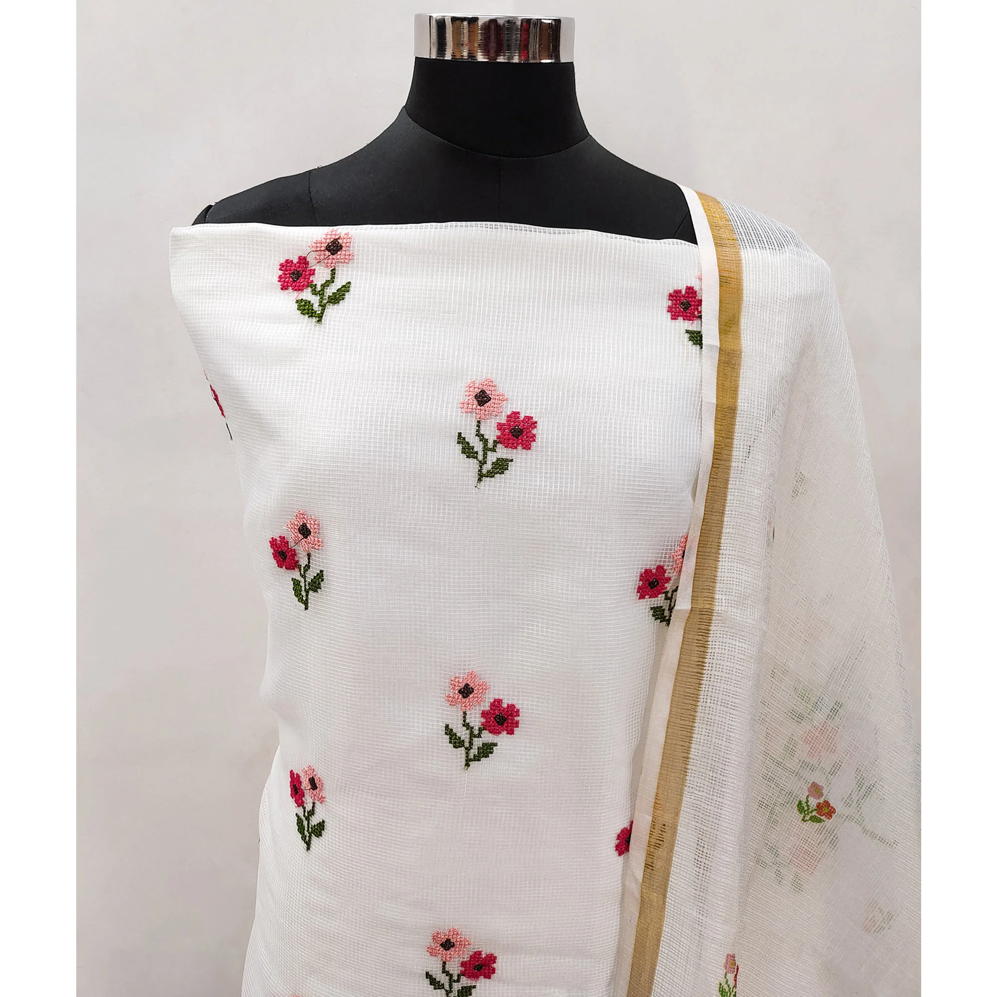 White Floral Embroidered Kota Doria Dress Material - Image 4