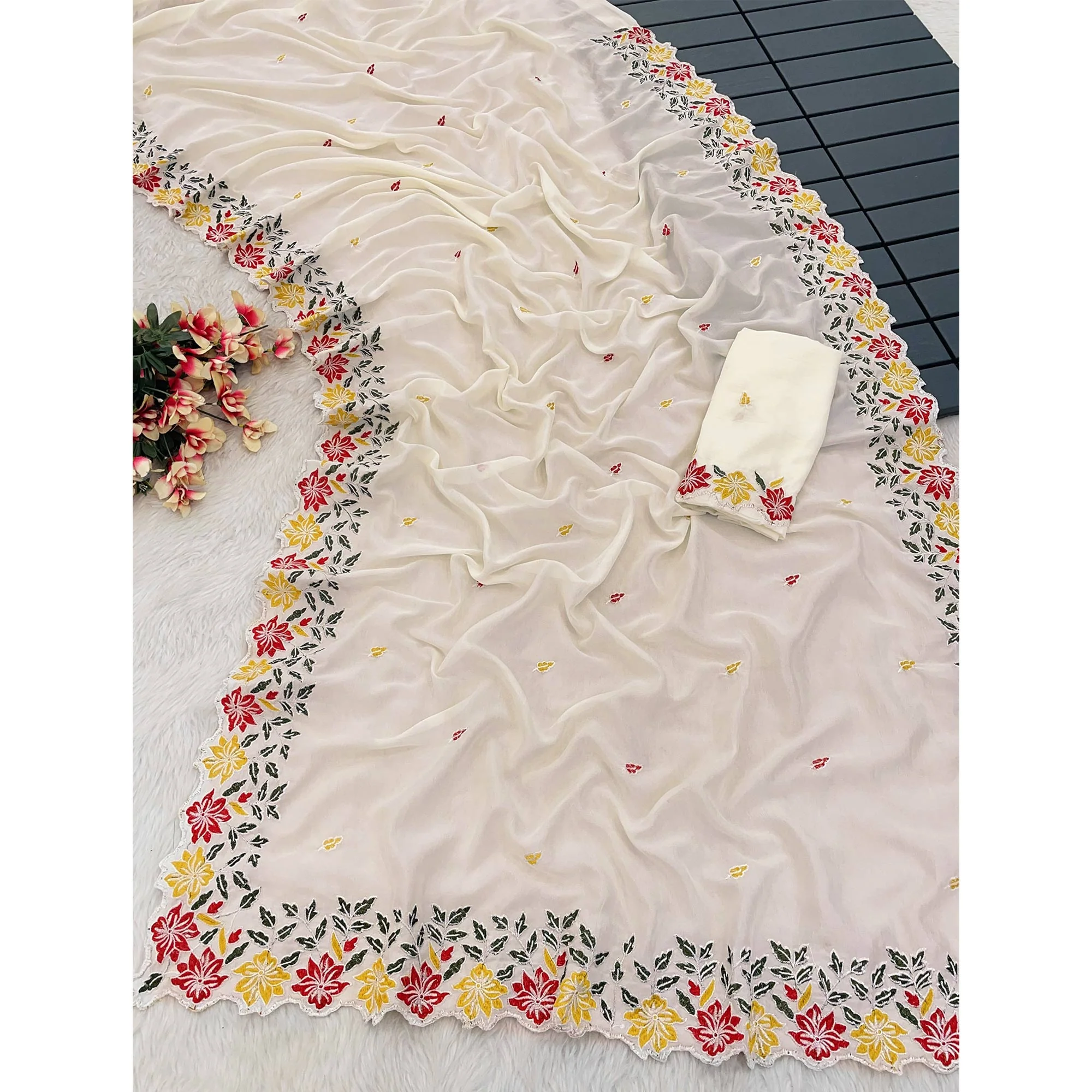 White Floral Embroidered Vichitra Silk Saree - Image 3