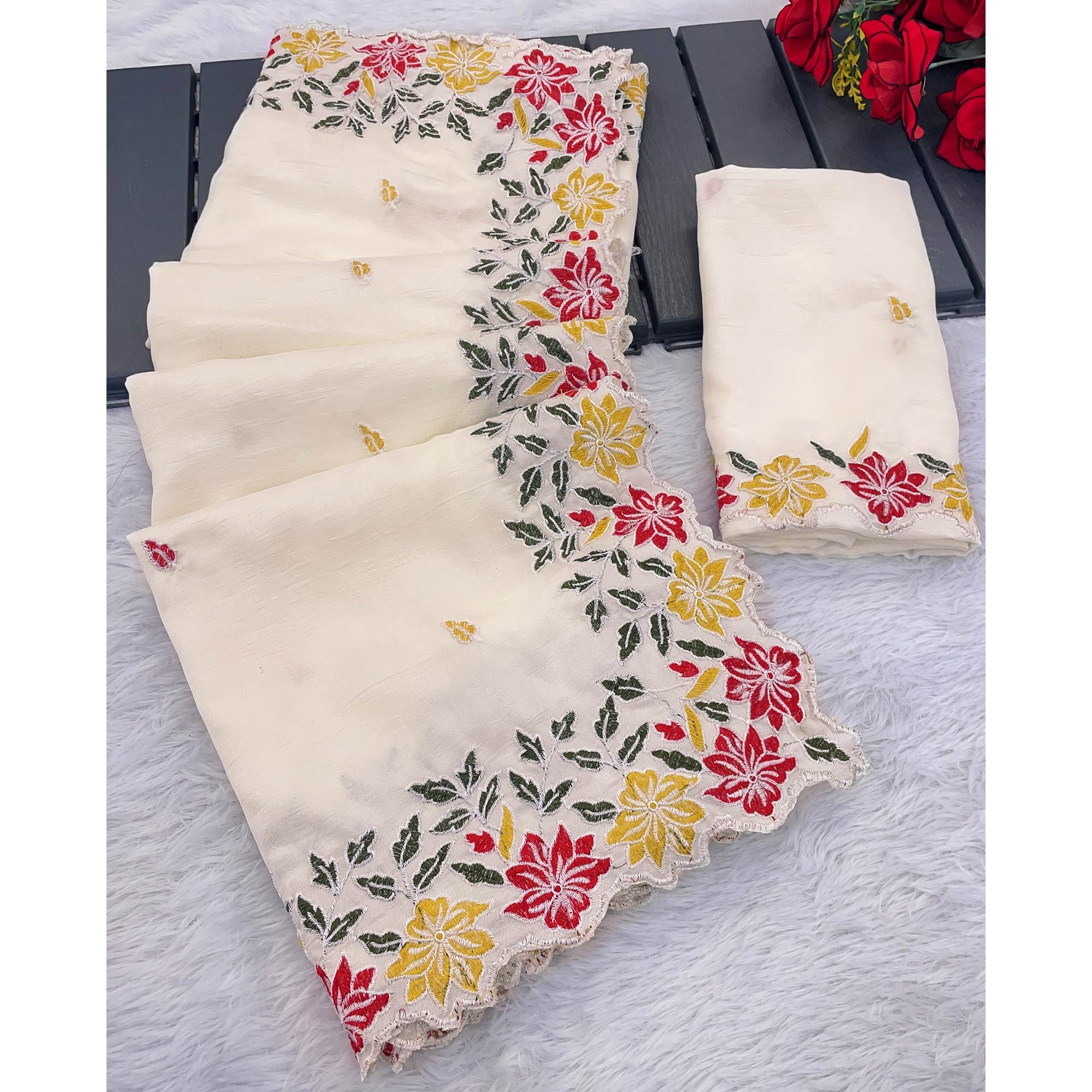 White Floral Embroidered Vichitra Silk Saree - Image 5