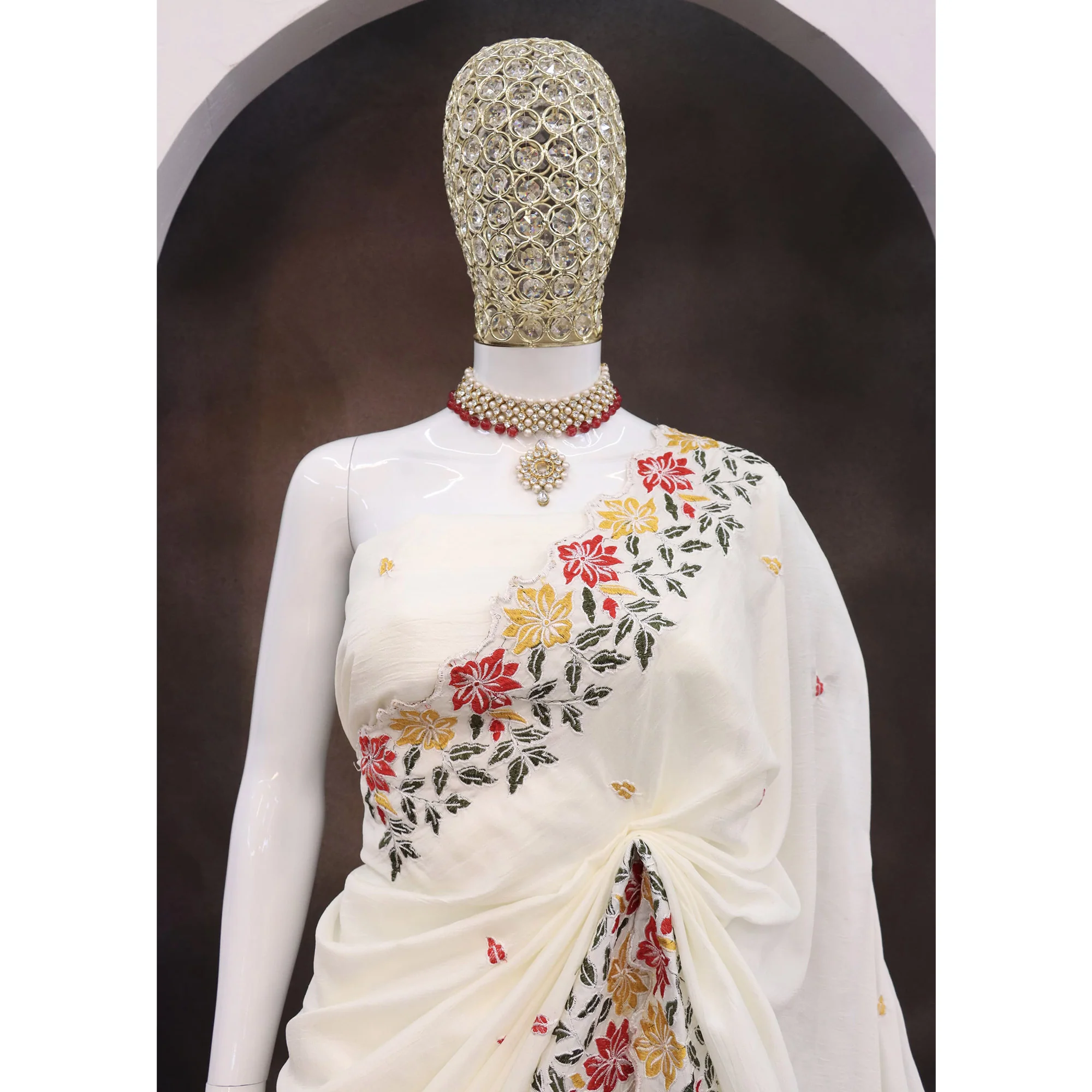 White Floral Embroidered Vichitra Silk Saree - Image 7