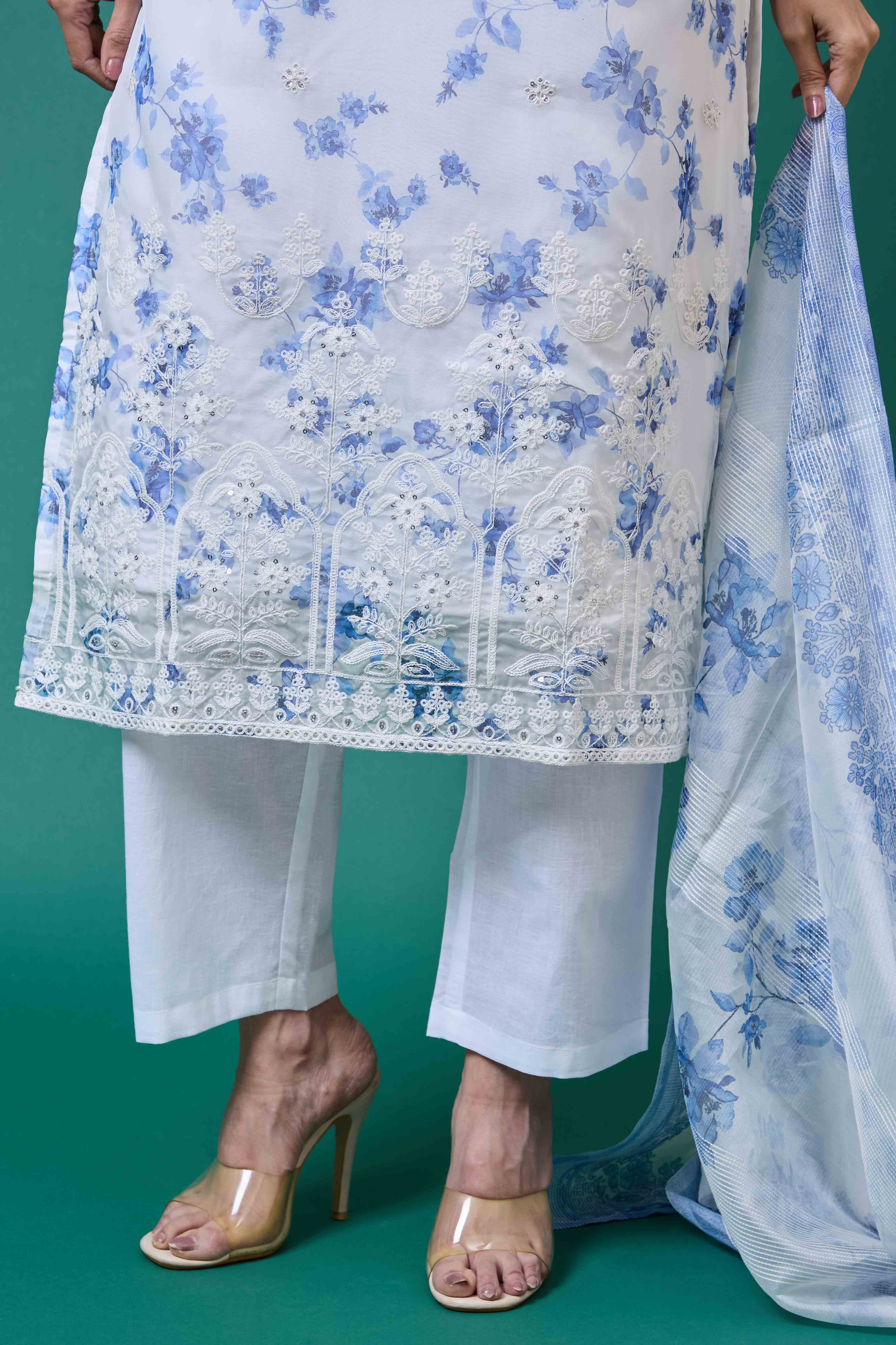 White Floral Embroidery with Printed Organza Salwar Suit - Image 7