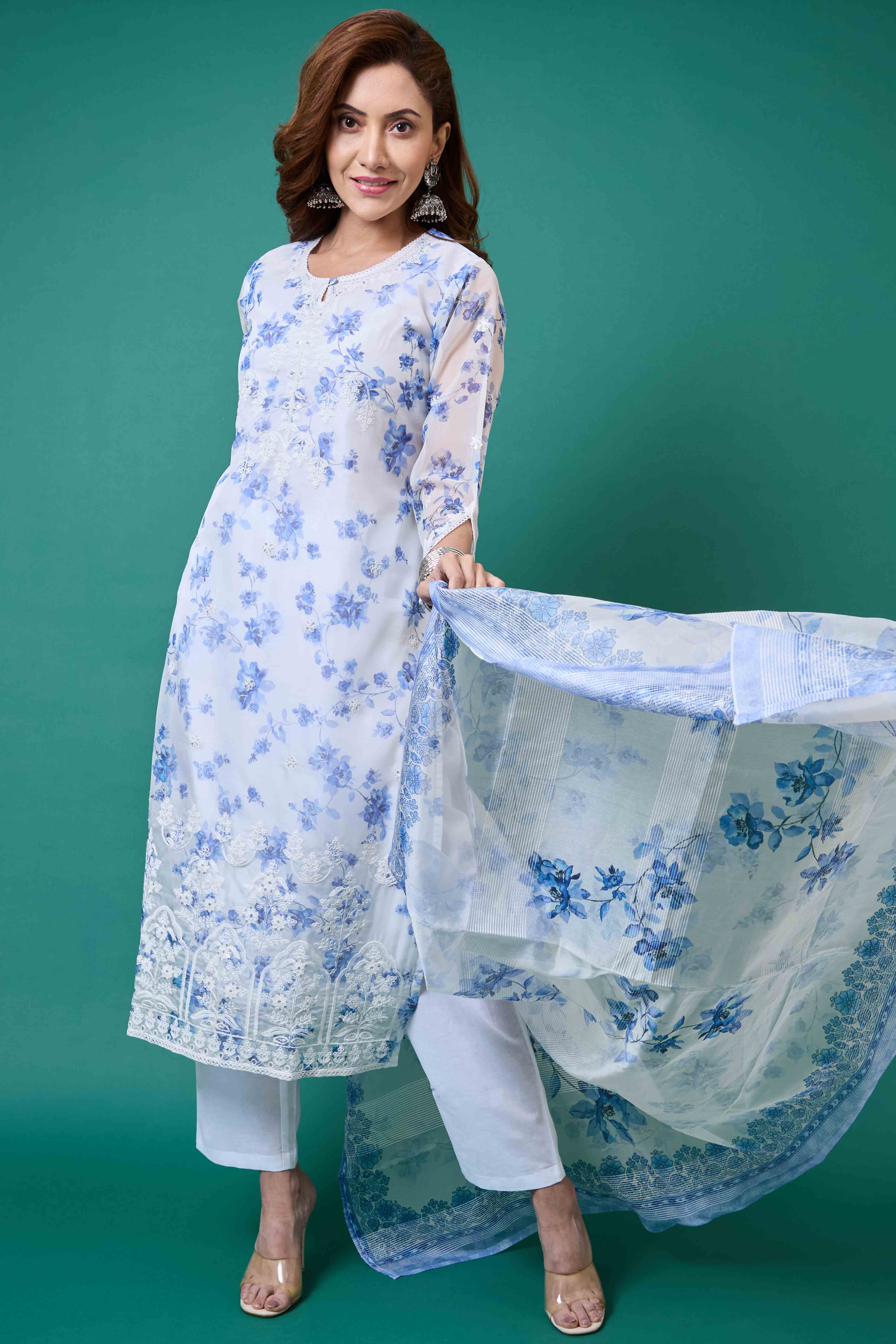 White Floral Embroidery with Printed Organza Salwar Suit - Image 9