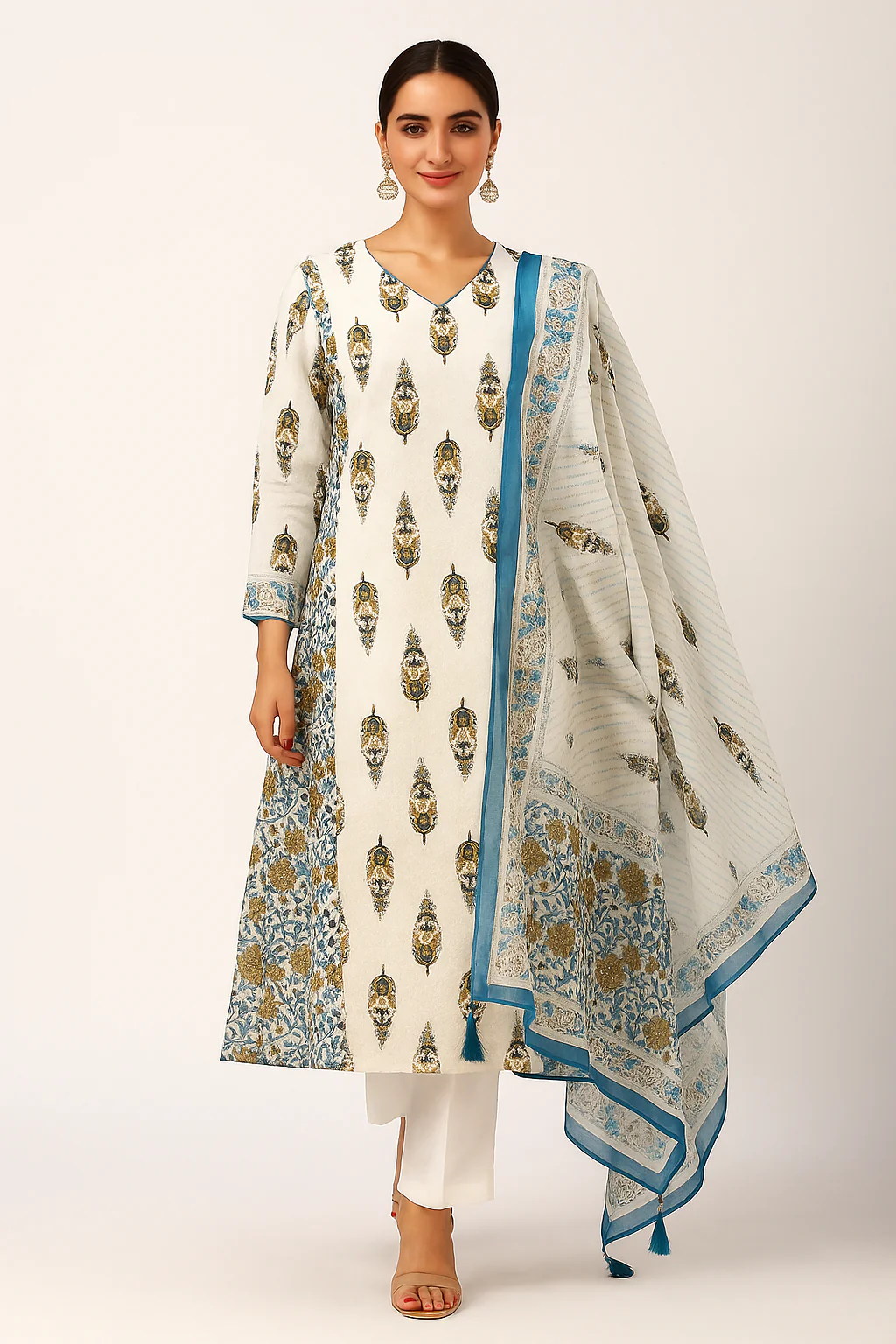 White Floral Print Pure Cotton Salwar Suit with Subtle Hand Embroidery Accents