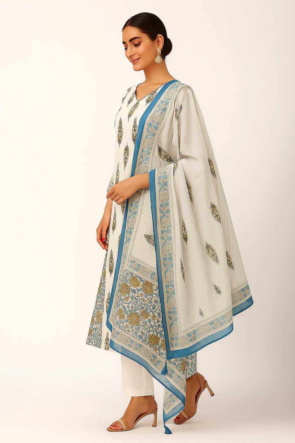 White Floral Print Pure Cotton Salwar Suit with Subtle Hand Embroidery Accents - Image 4