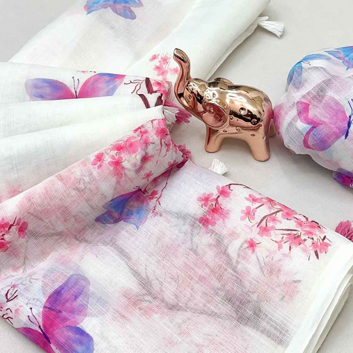 White Floral Print Saree in Breathable Pure Linen Fabric - Image 2