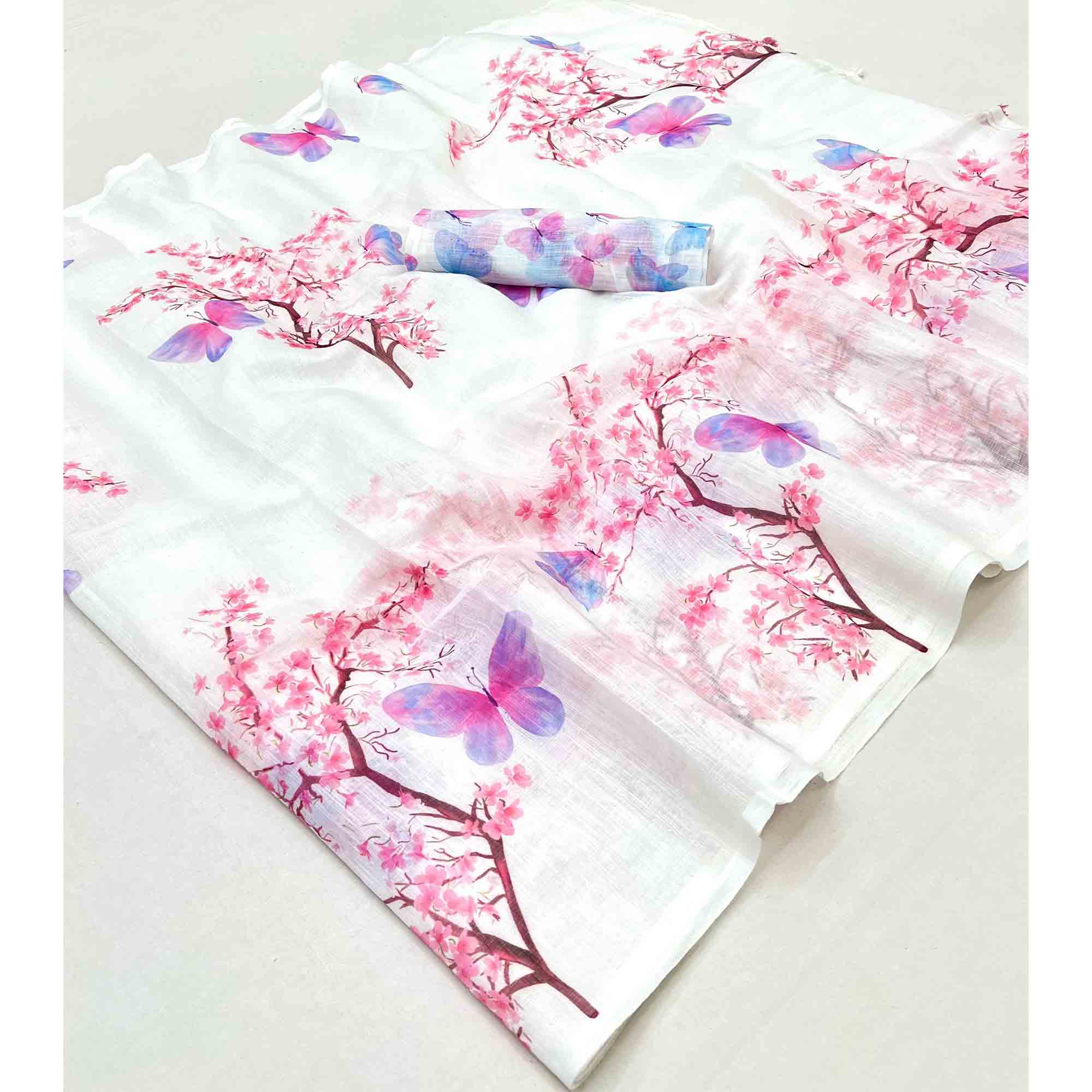 White Floral Print Saree in Breathable Pure Linen Fabric - Image 3