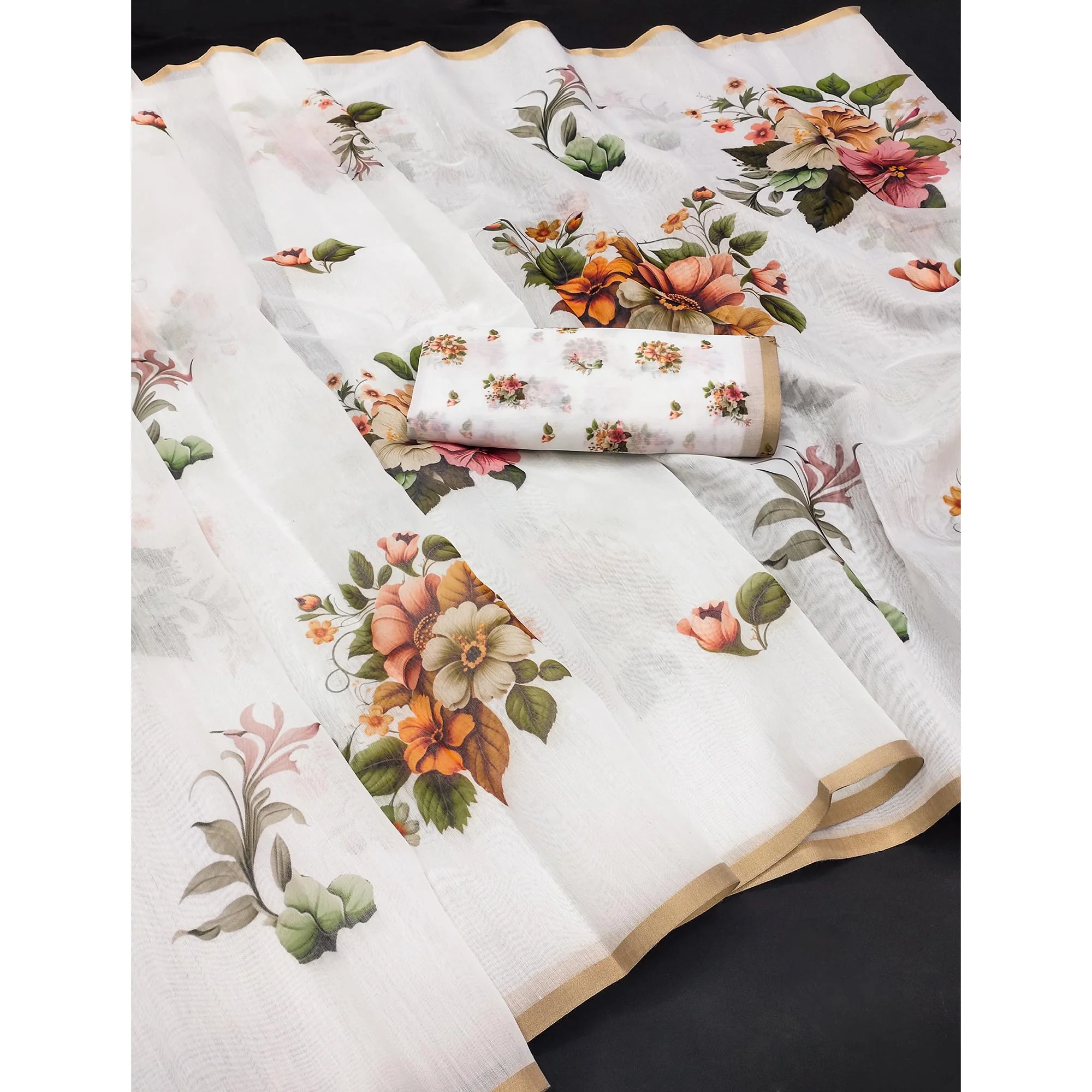 White Floral Printed Chanderi Saree - Image 3
