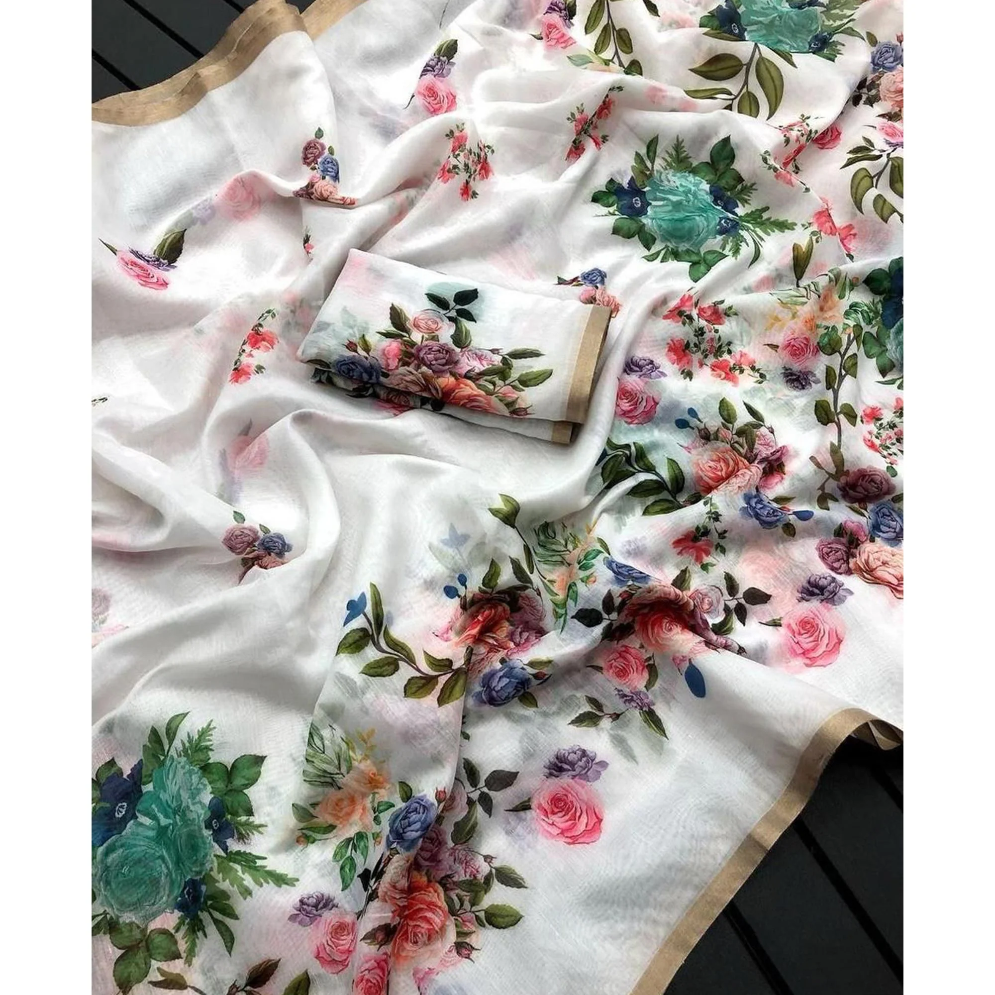 White Floral Printed Chanderi Saree - Image 3