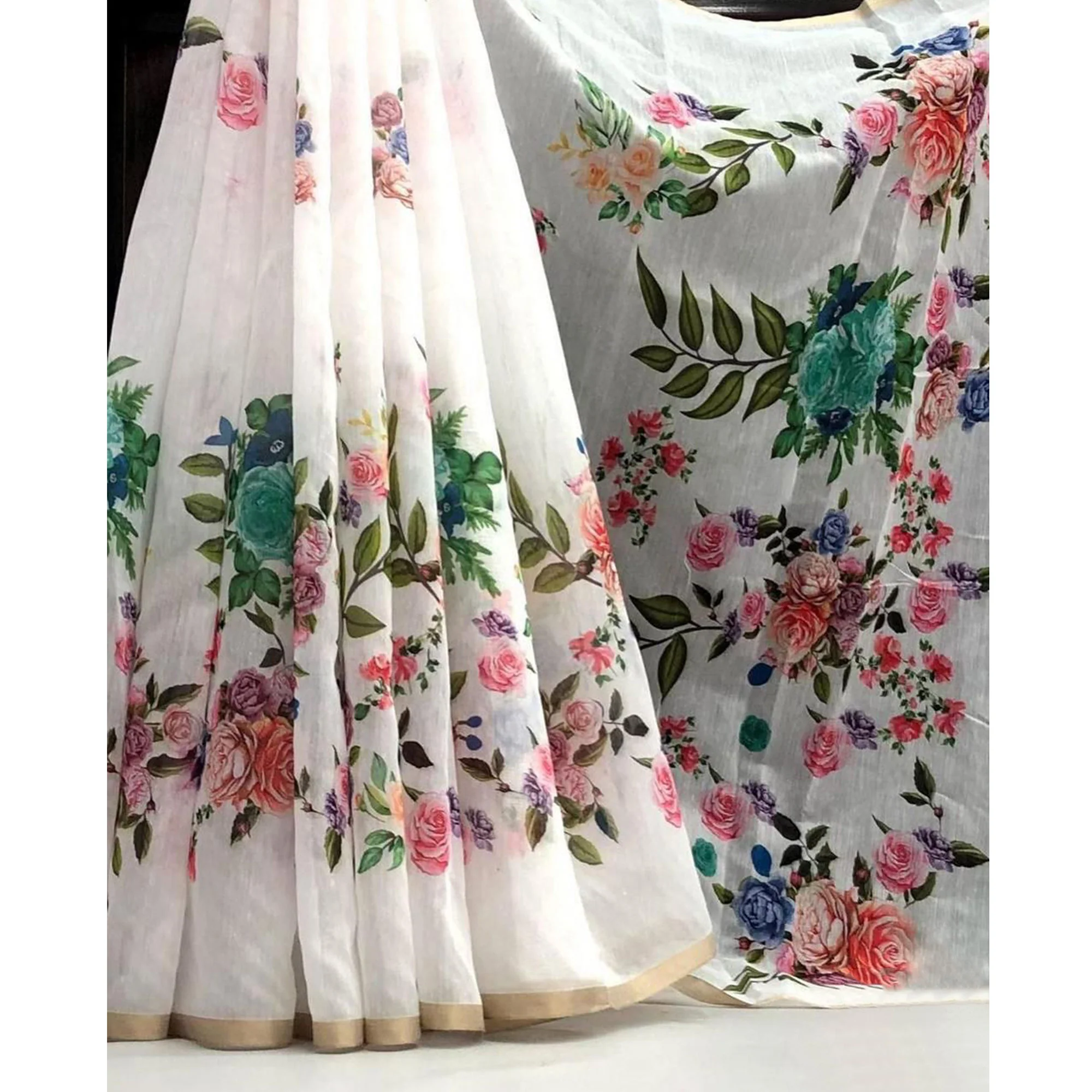 White Floral Printed Chanderi Saree - Image 5
