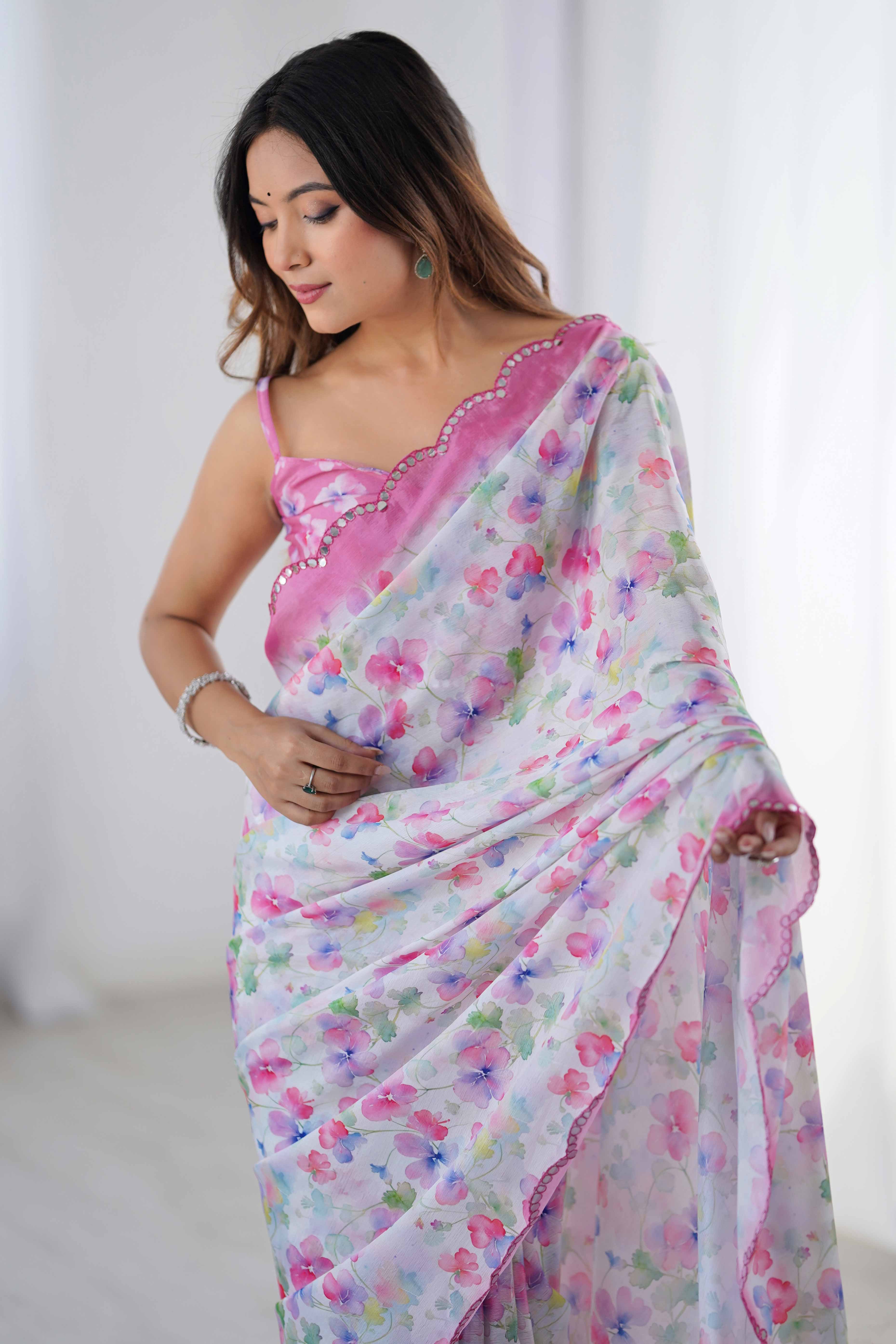 White Floral Printed Chinon Saree With Shimmering Mirror Detailing - Image 8
