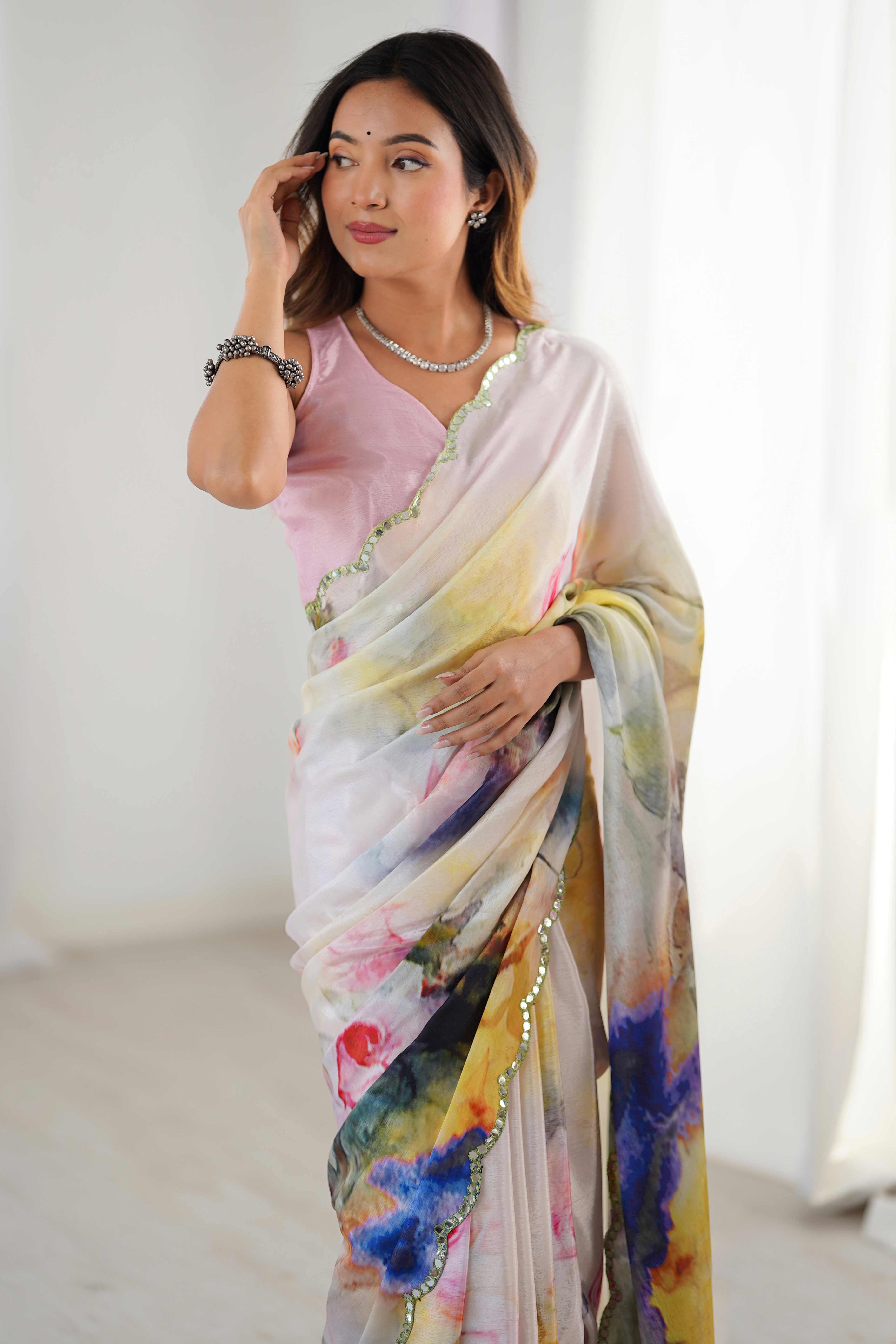 White Floral Printed Chinon Saree with Shimmering Mirror Detailing - Image 9