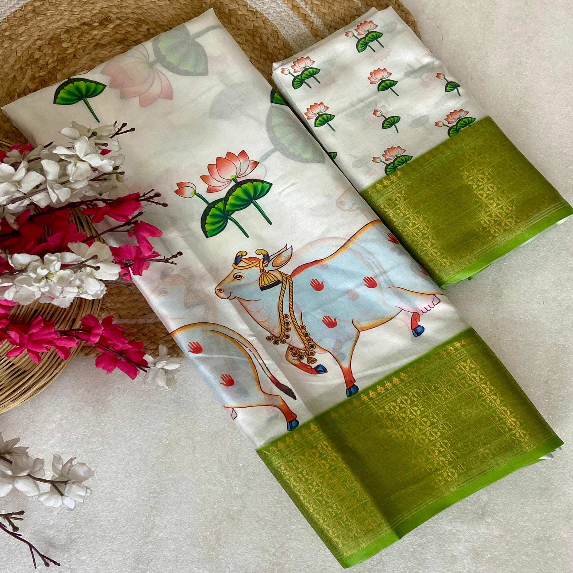 White Floral Printed Doal Silk Saree With Woven Broder - Image 2