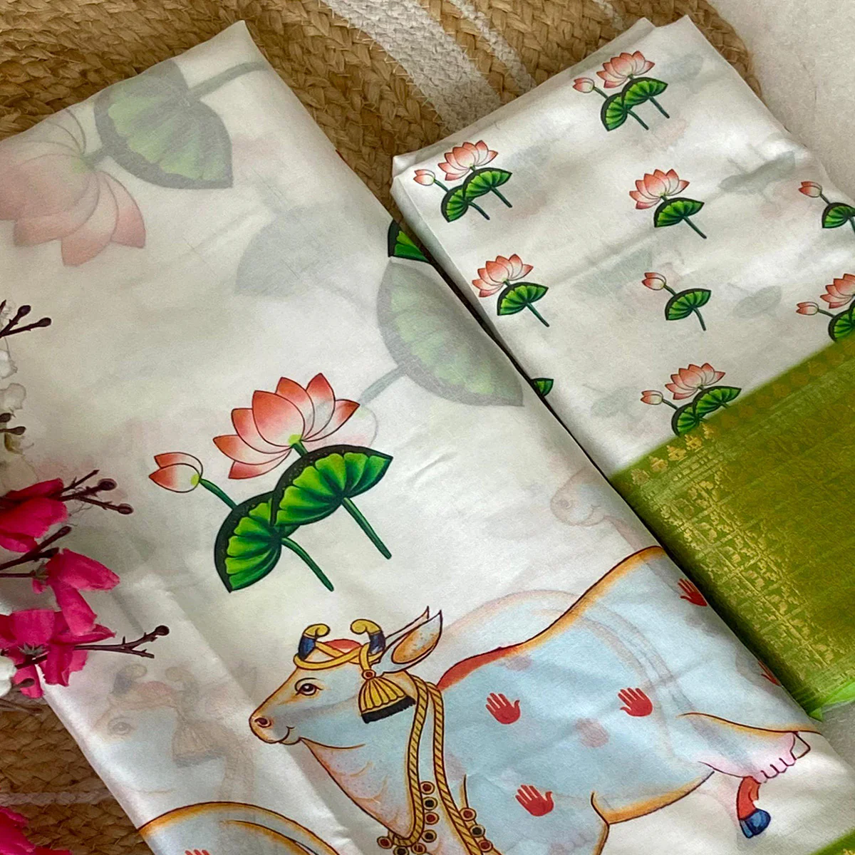 White Floral Printed Doal Silk Saree With Woven Broder - Image 3