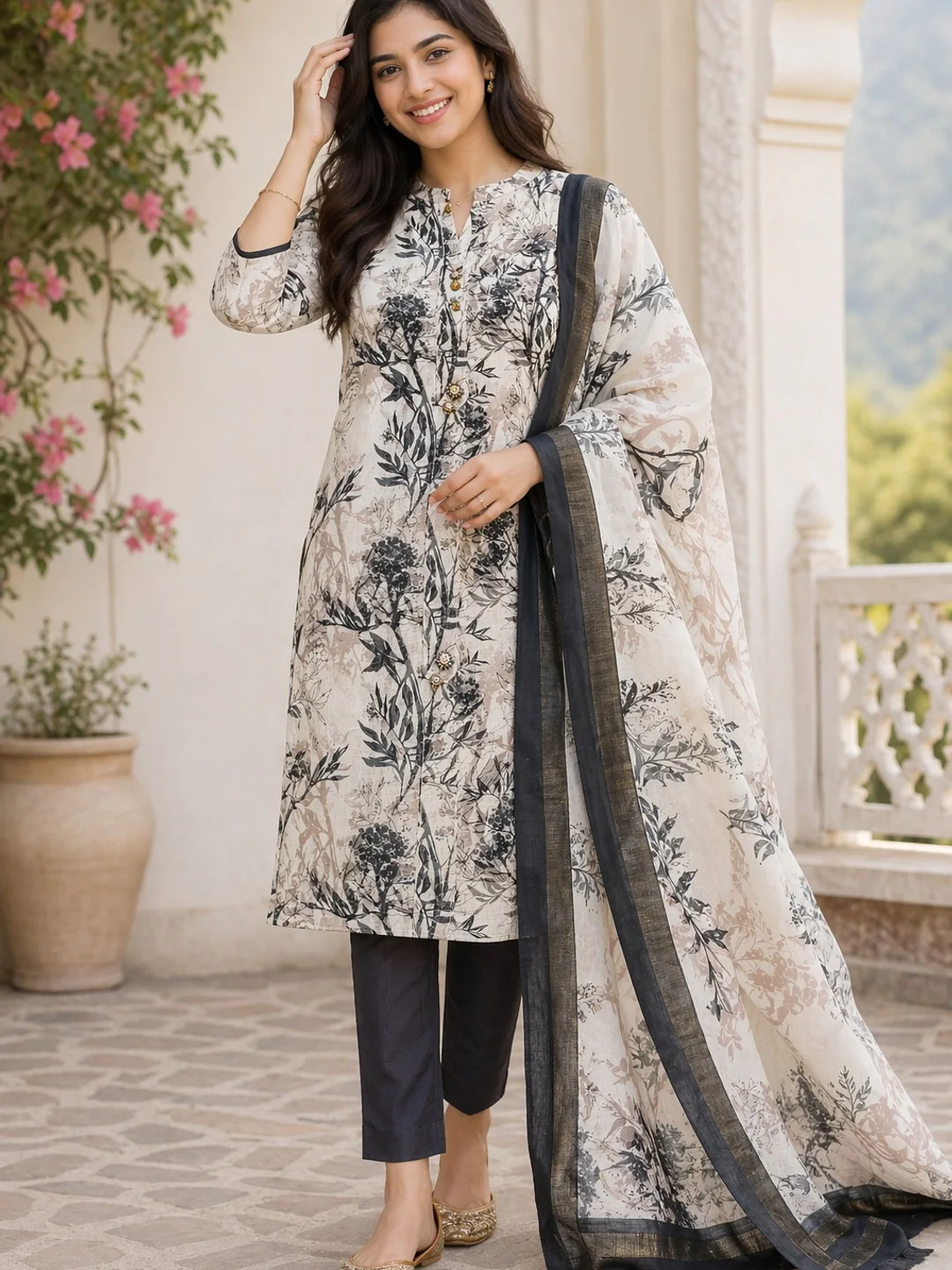White Floral Printed Linen Dress Material