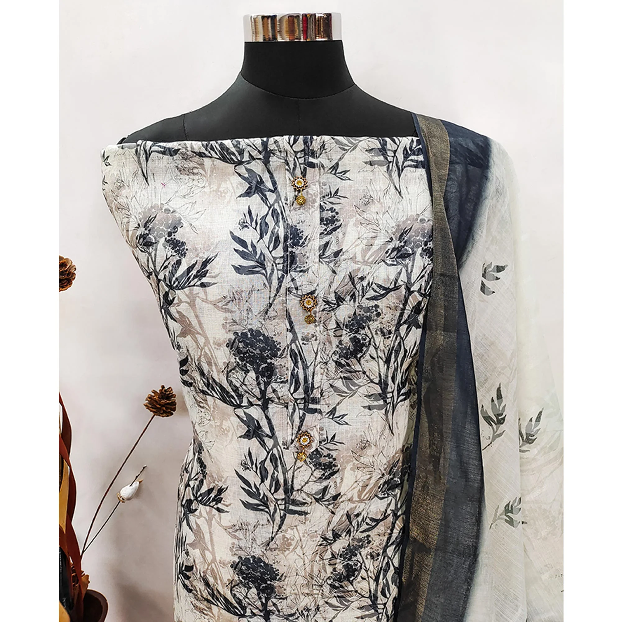 White Floral Printed Linen Dress Material - Image 3