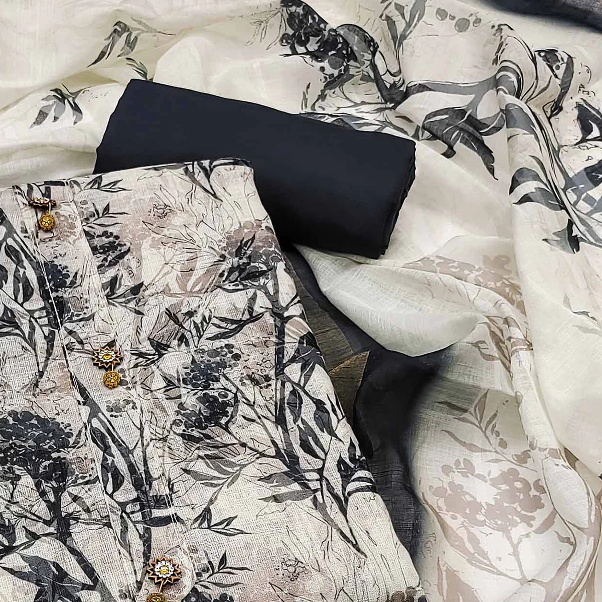 White Floral Printed Linen Dress Material - Image 4
