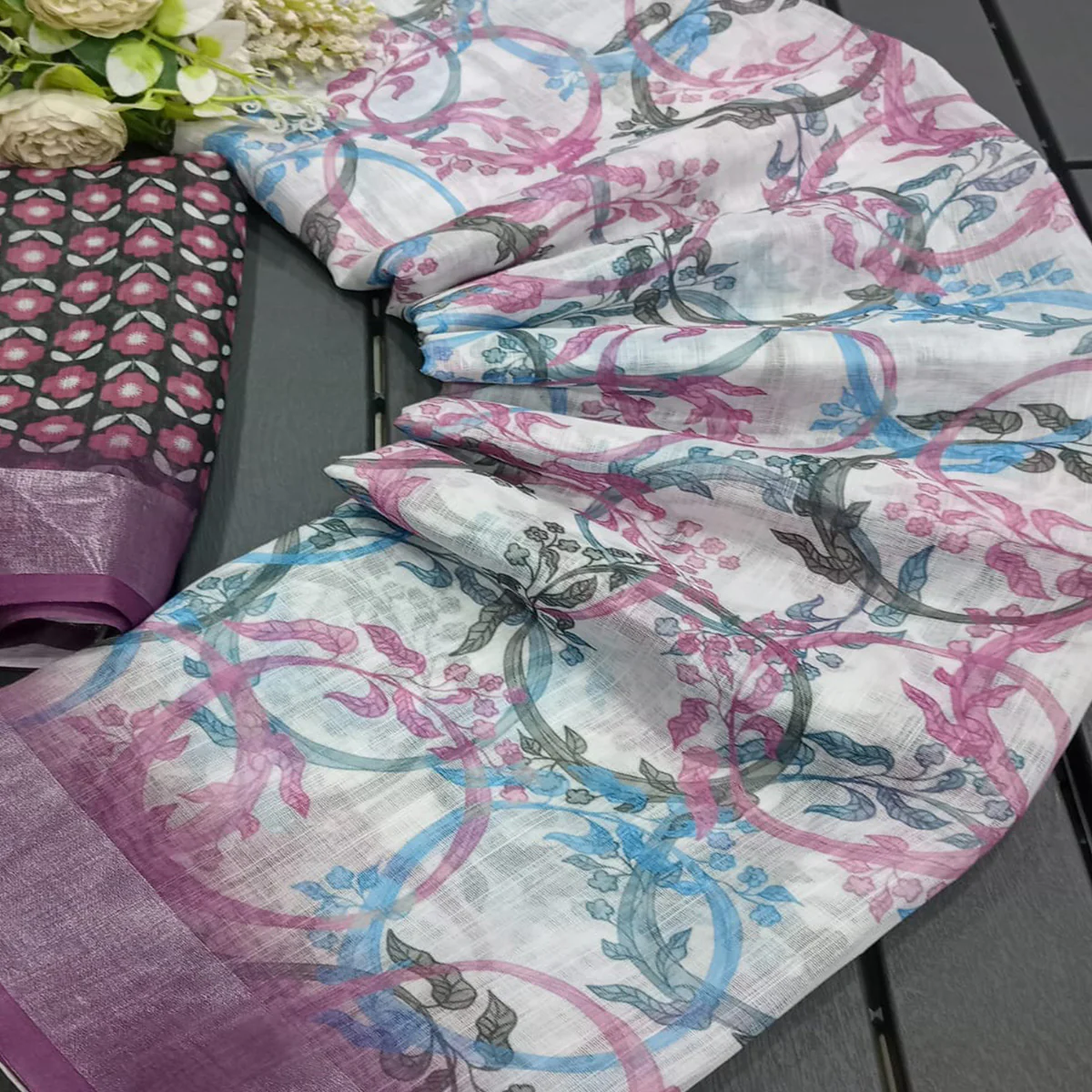 White & Purple Floral Printed Linen Saree - Image 2