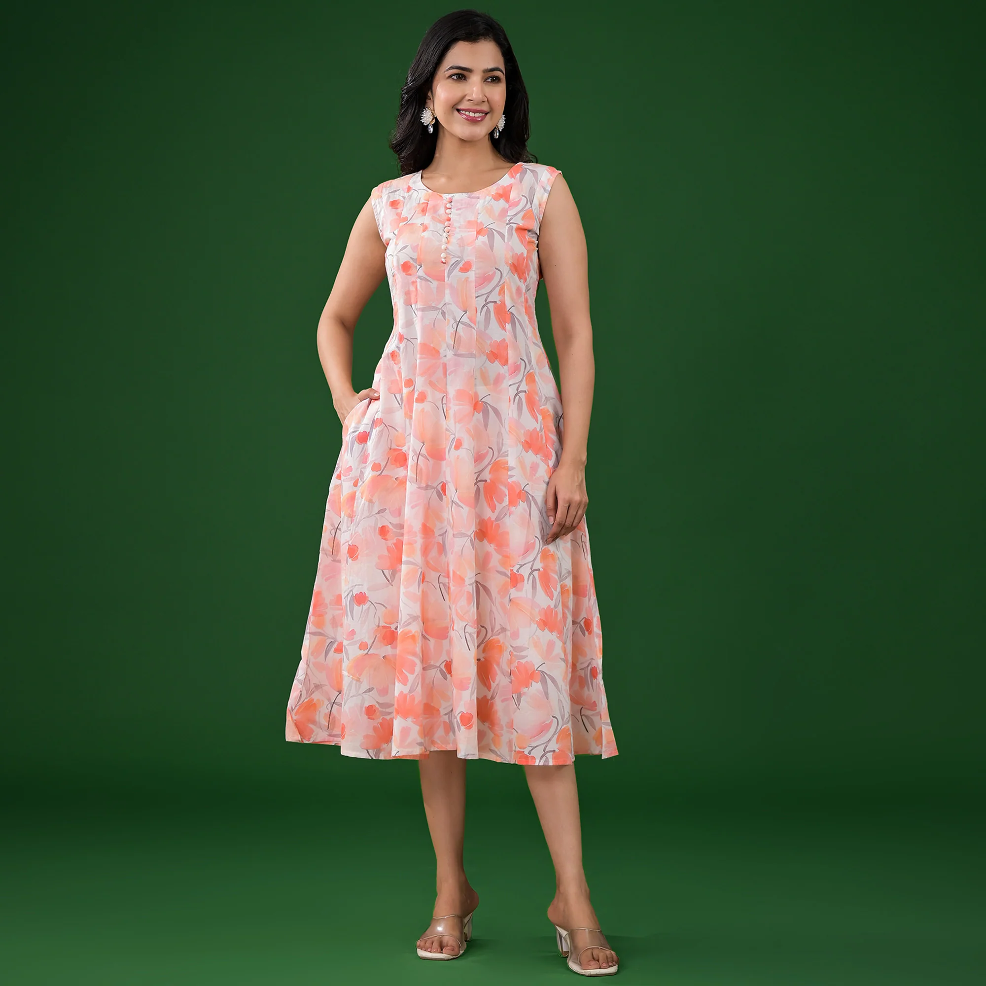White Floral Printed Pure Cotton A-Line Dress - Image 2