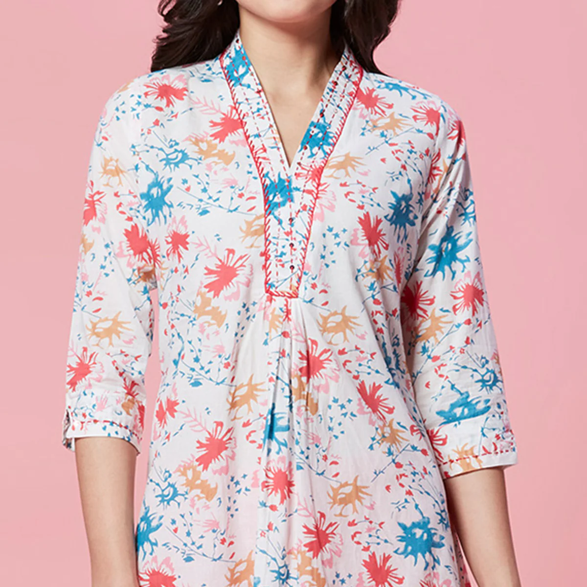 White Floral Printed Pure Cotton A-Line Kurti - Image 3