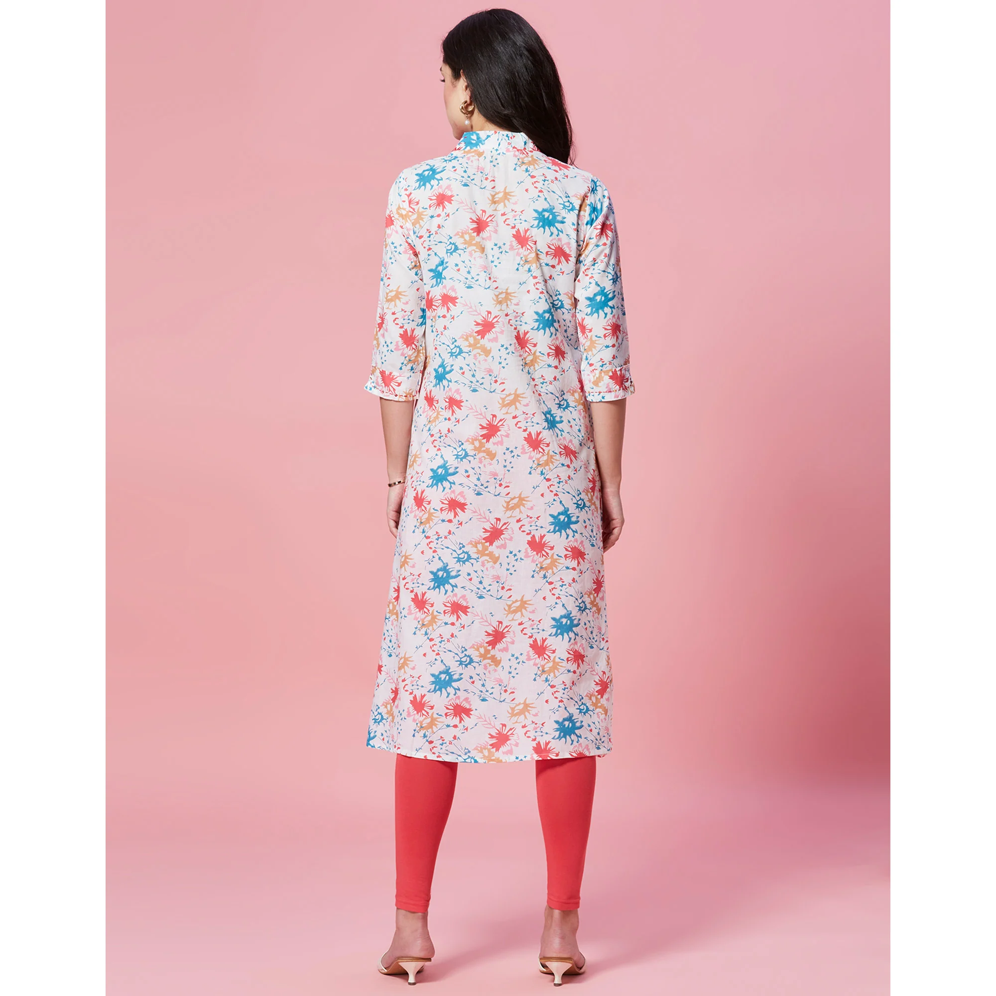 White Floral Printed Pure Cotton A-Line Kurti - Image 7
