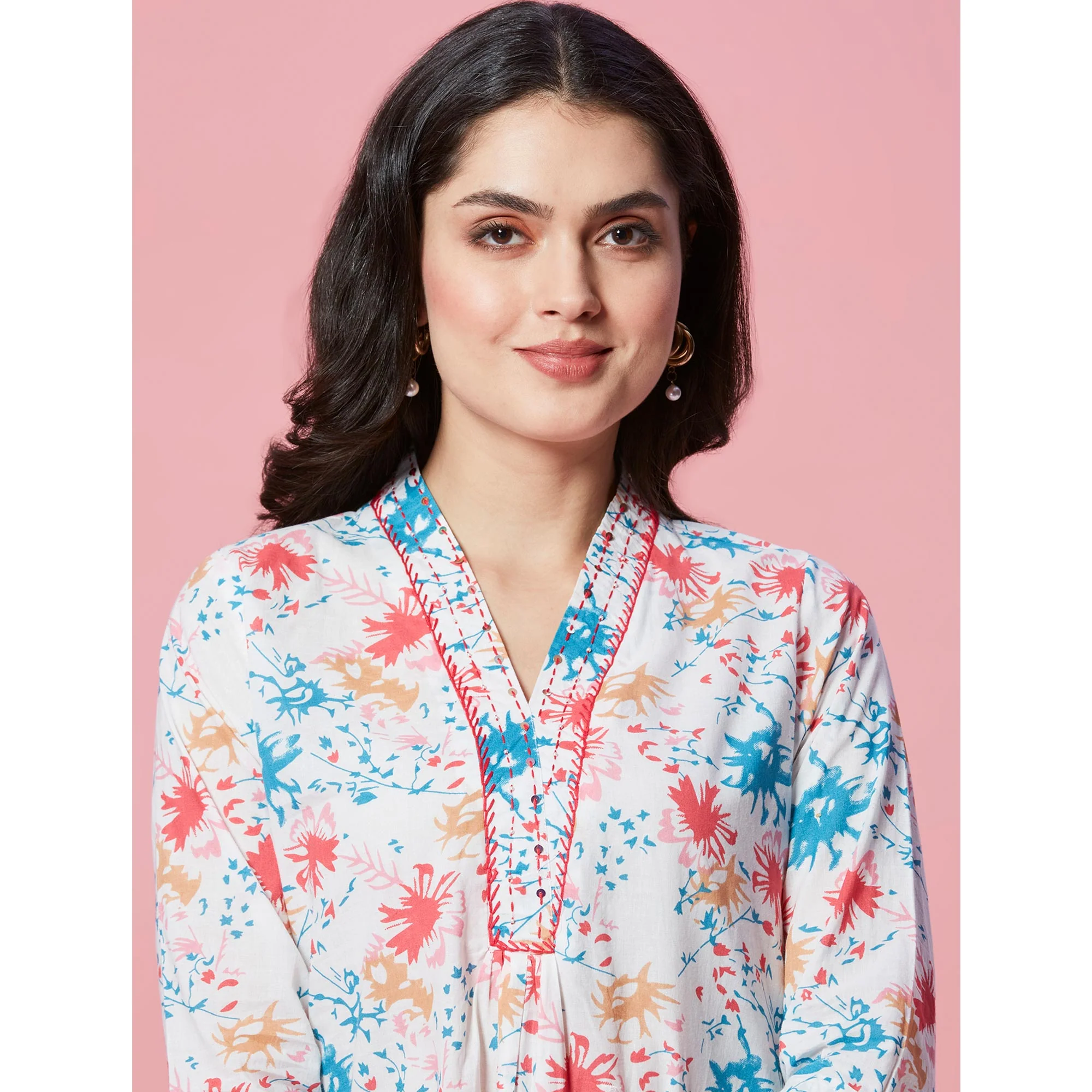 White Floral Printed Pure Cotton A-Line Kurti - Image 9