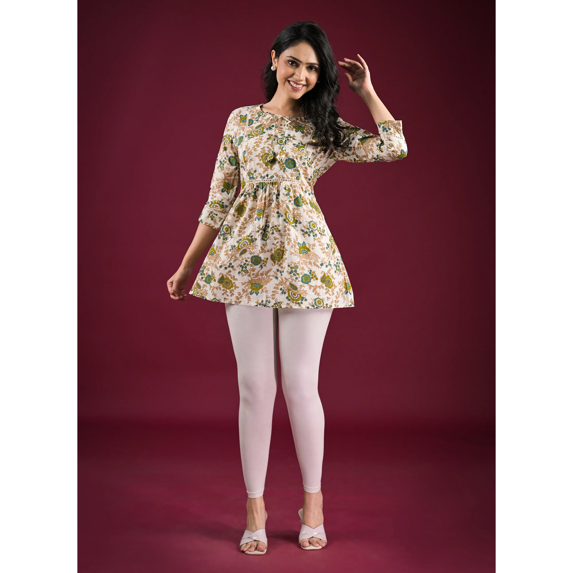 White Floral Printed Pure Cotton A-Line Top - Image 3