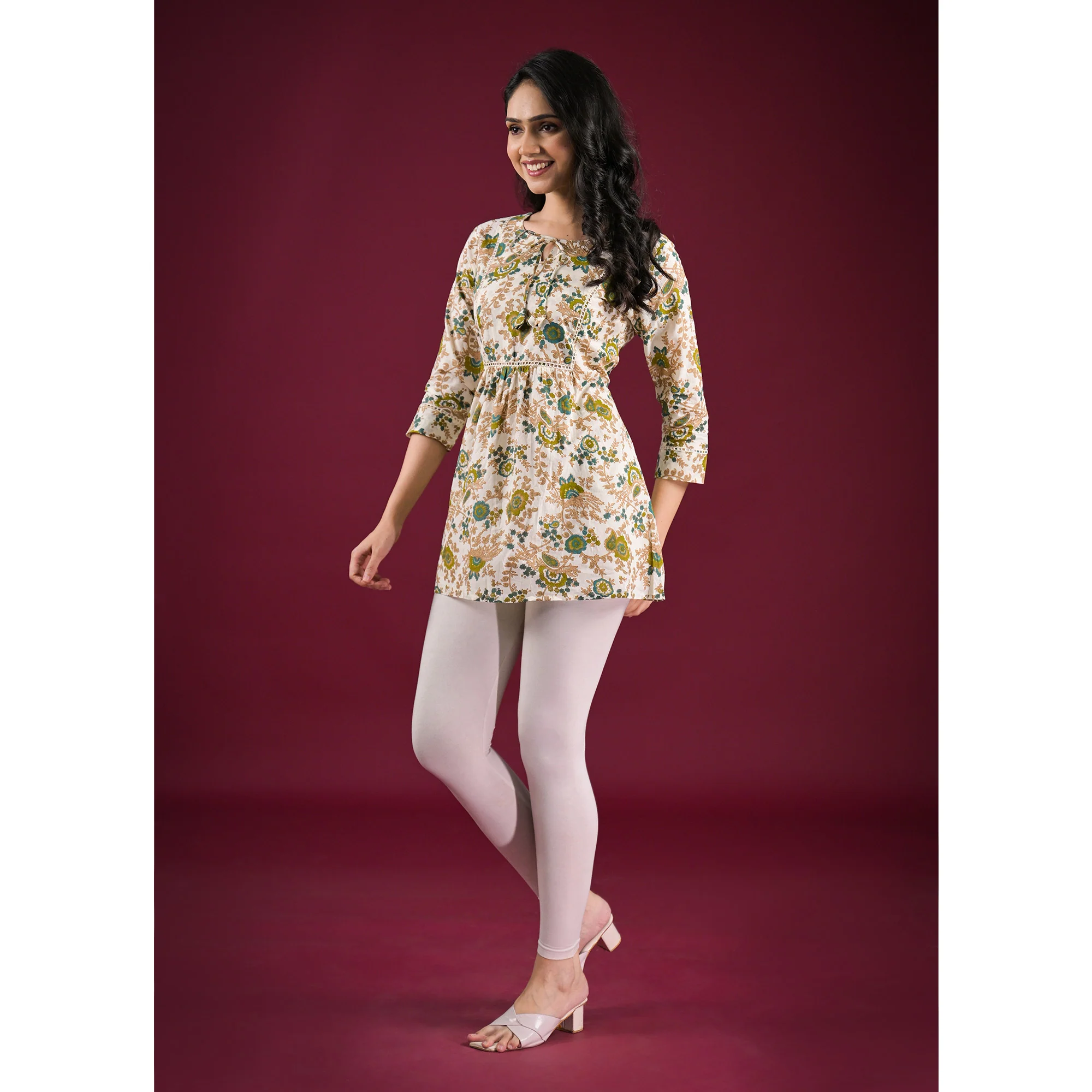 White Floral Printed Pure Cotton A-Line Top - Image 4