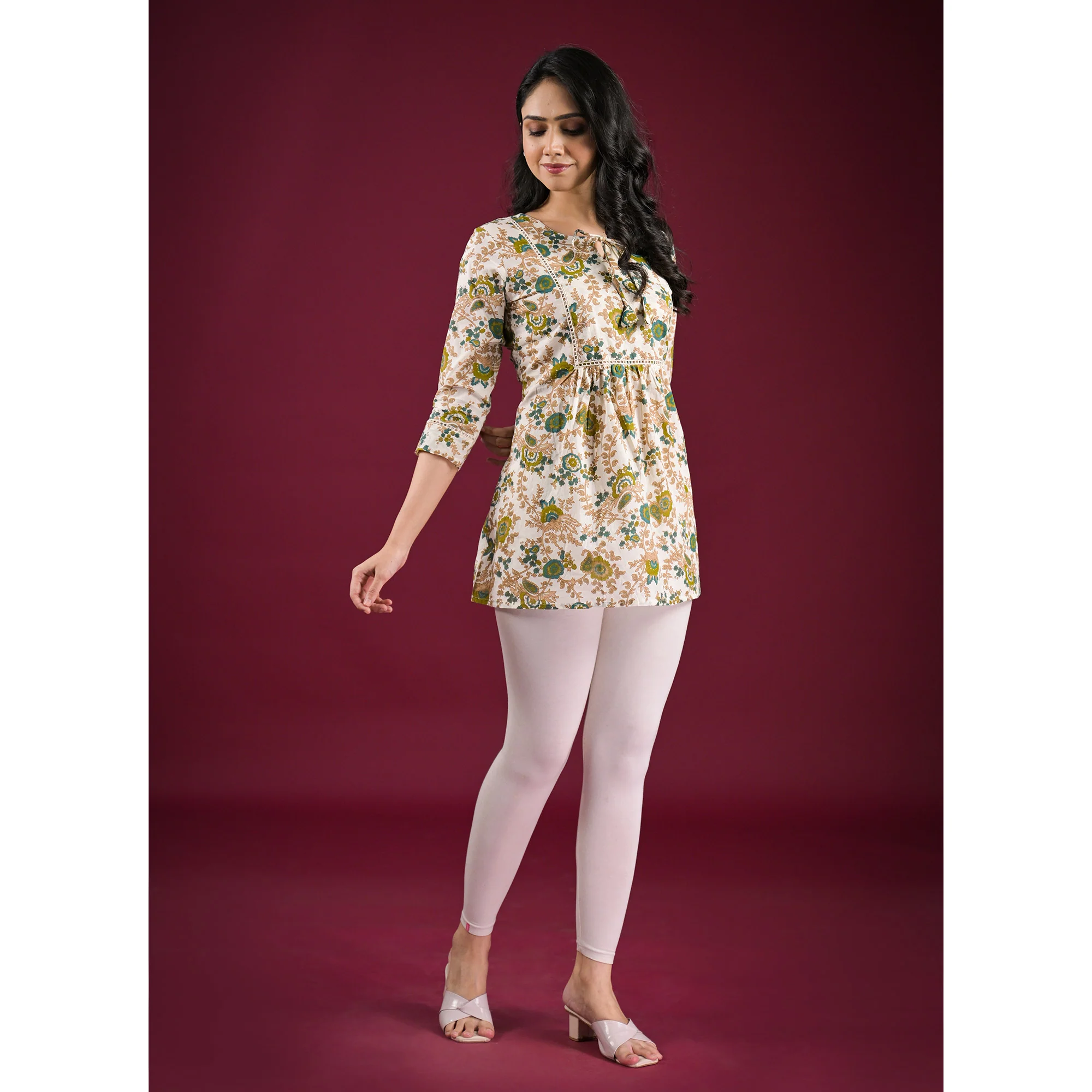 White Floral Printed Pure Cotton A-Line Top - Image 5