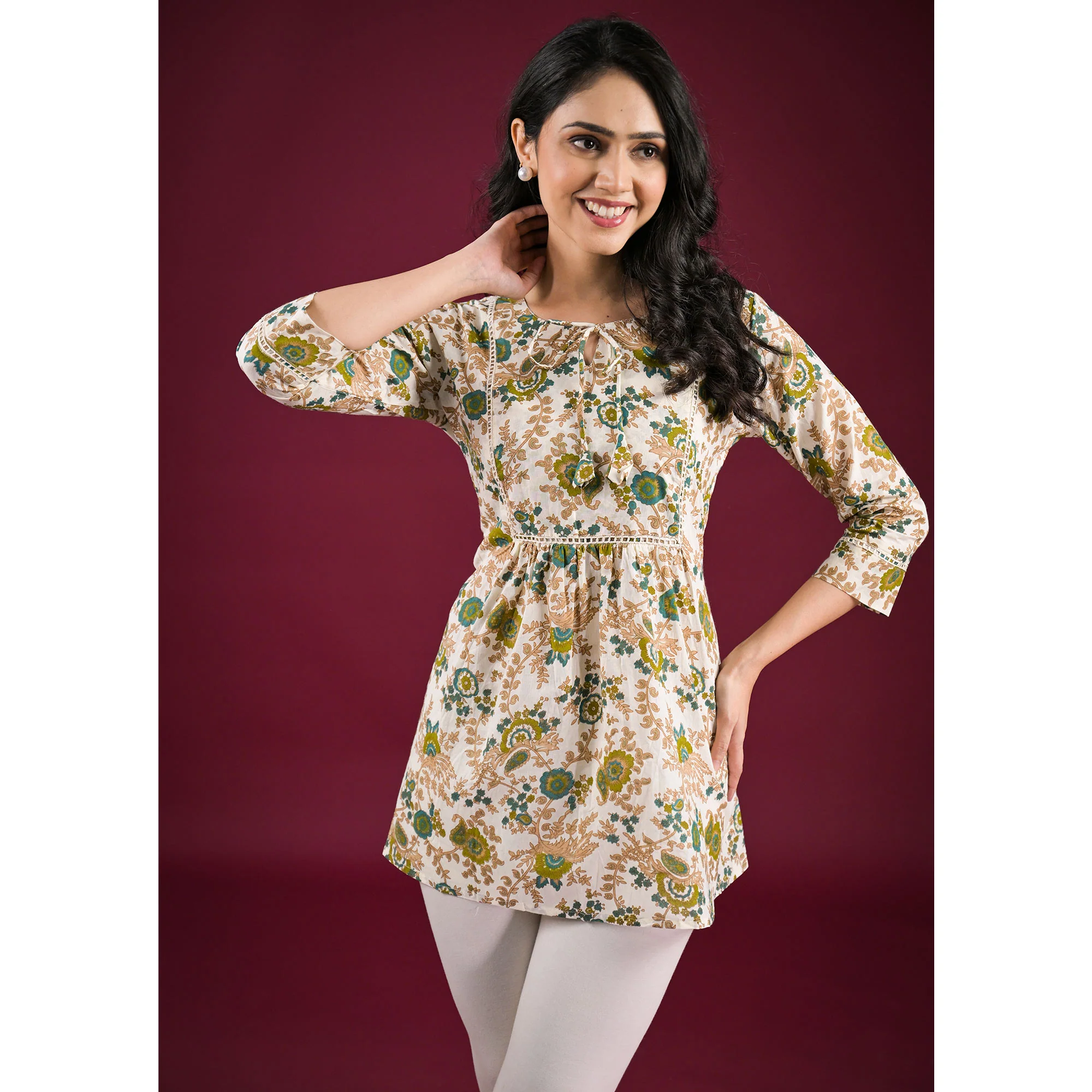 White Floral Printed Pure Cotton A-Line Top - Image 7