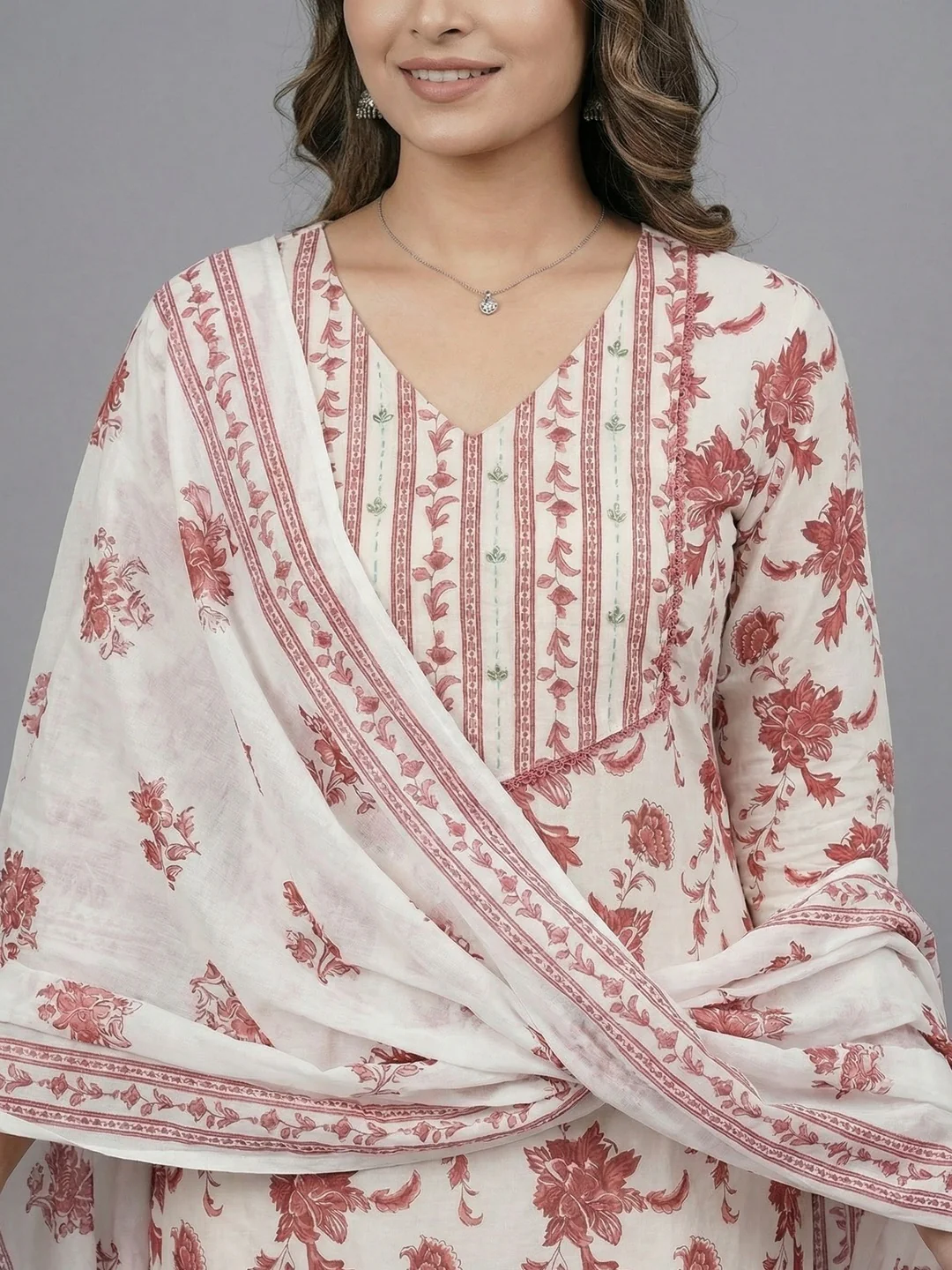 White Floral Printed Pure Cotton Salwar Suit with Dupatta - Image 4