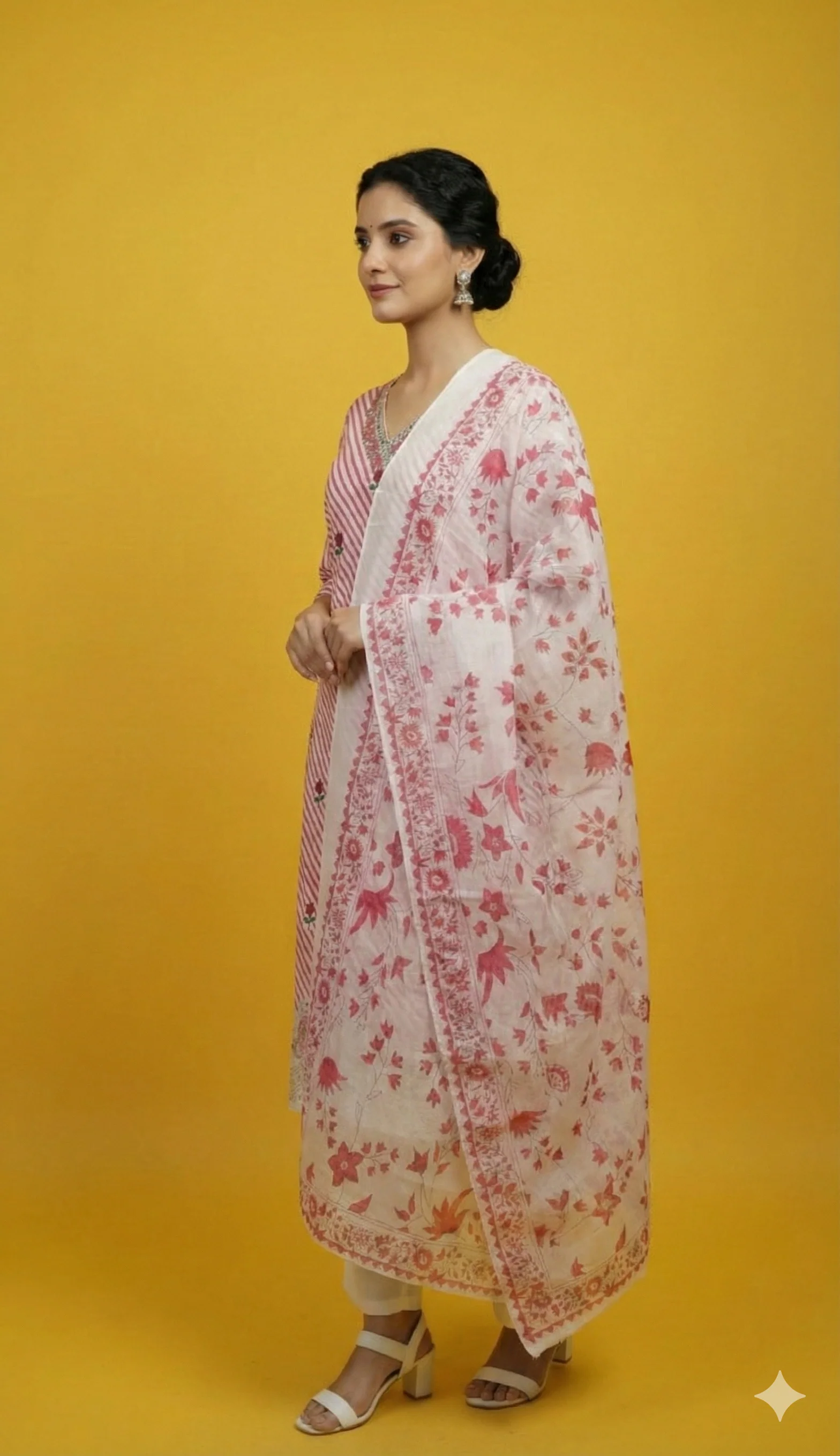 White Floral Printed Pure Cotton Straight Cut Salwar Suit for Festive Wear - Image 4