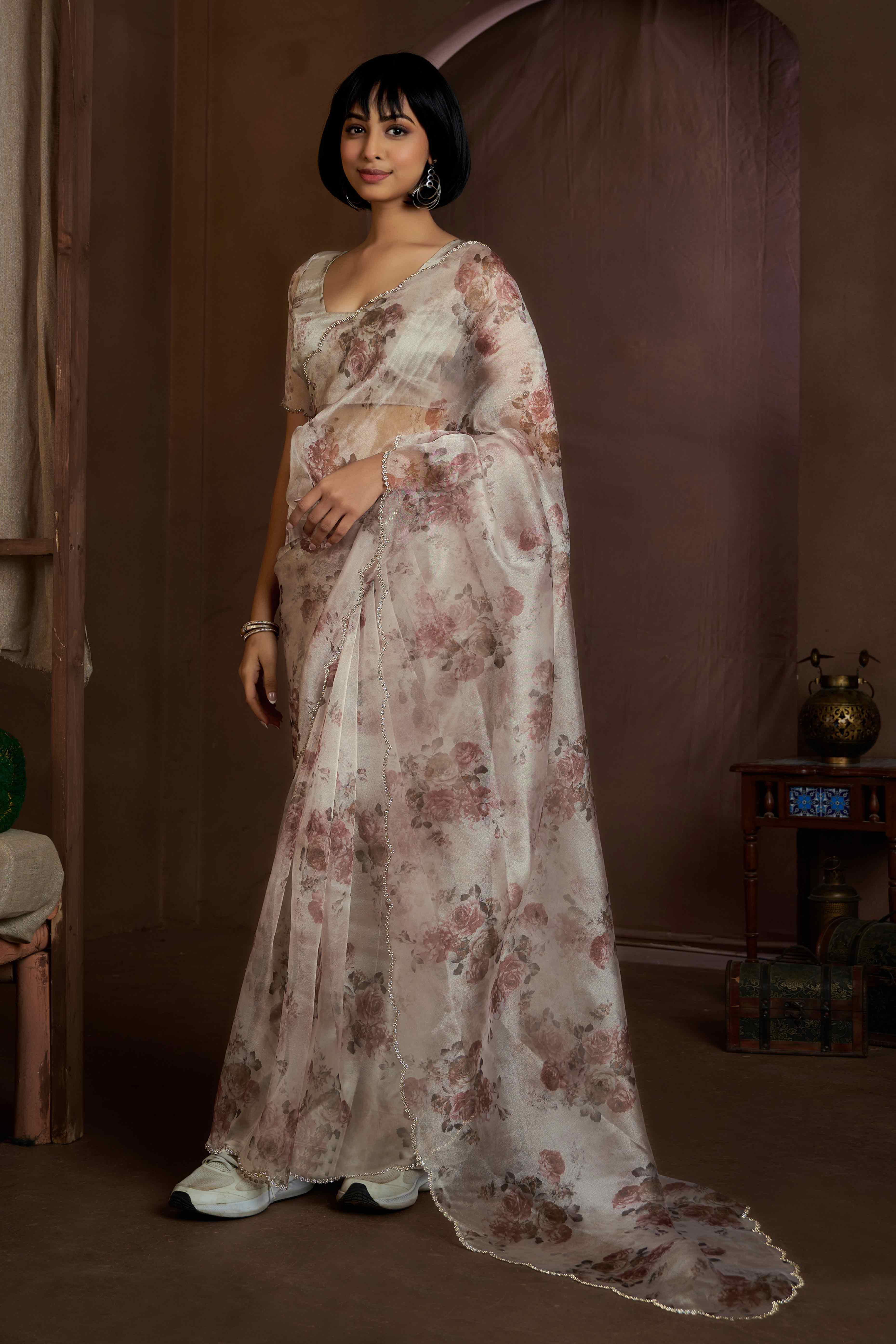 White Floral Printed Soft Organza Saree With Stone Work Border - Image 3