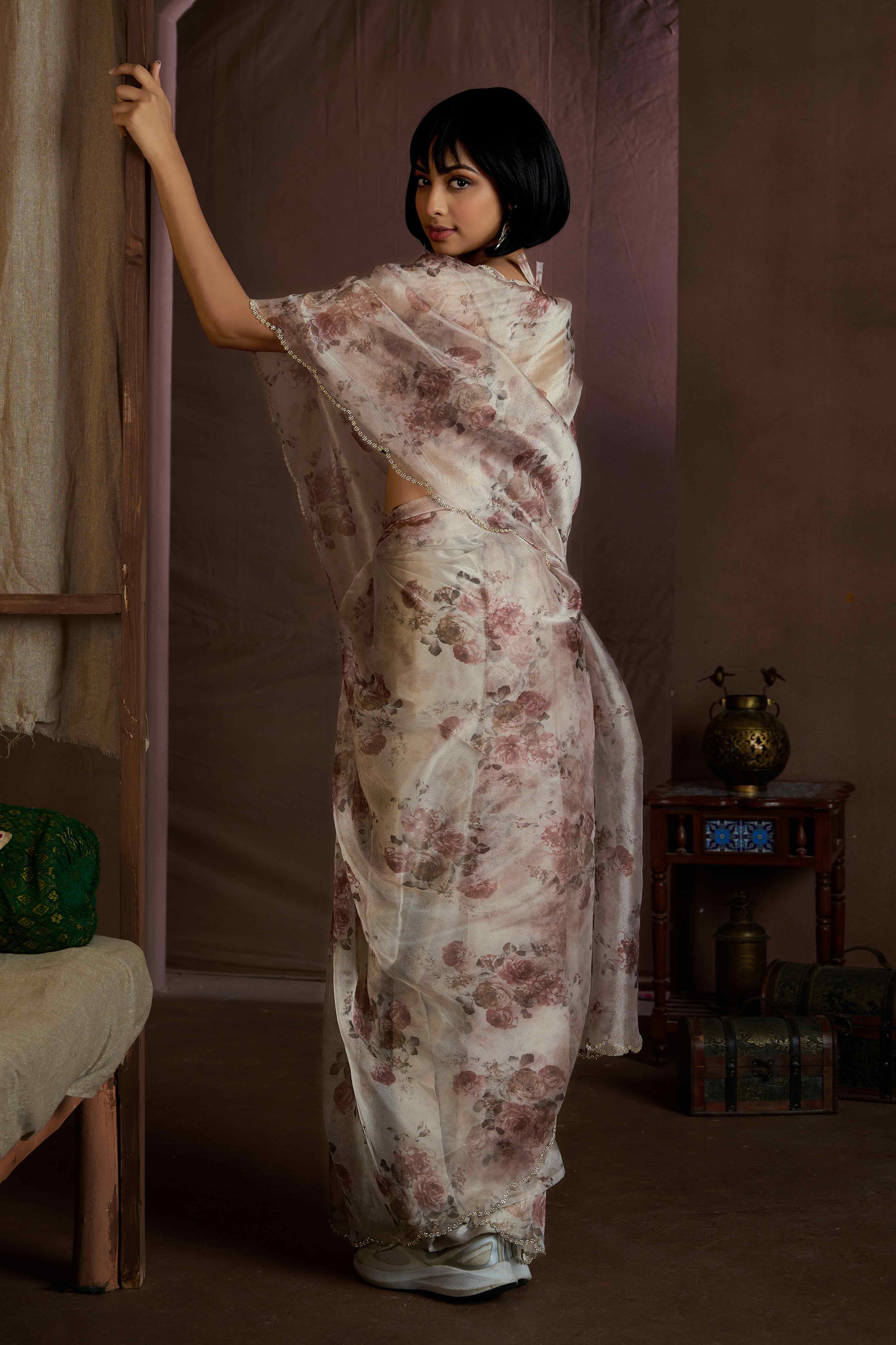White Floral Printed Soft Organza Saree With Stone Work Border - Image 6