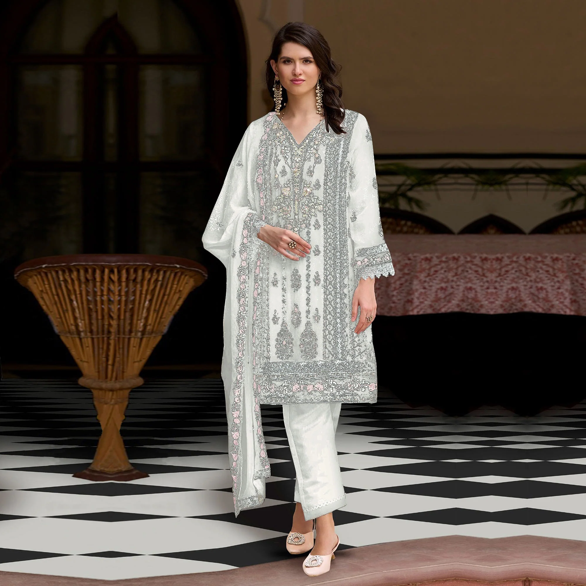 White Floral Sequins Embroidered Georgette Semi Stitched Pakistani Suit - Image 2