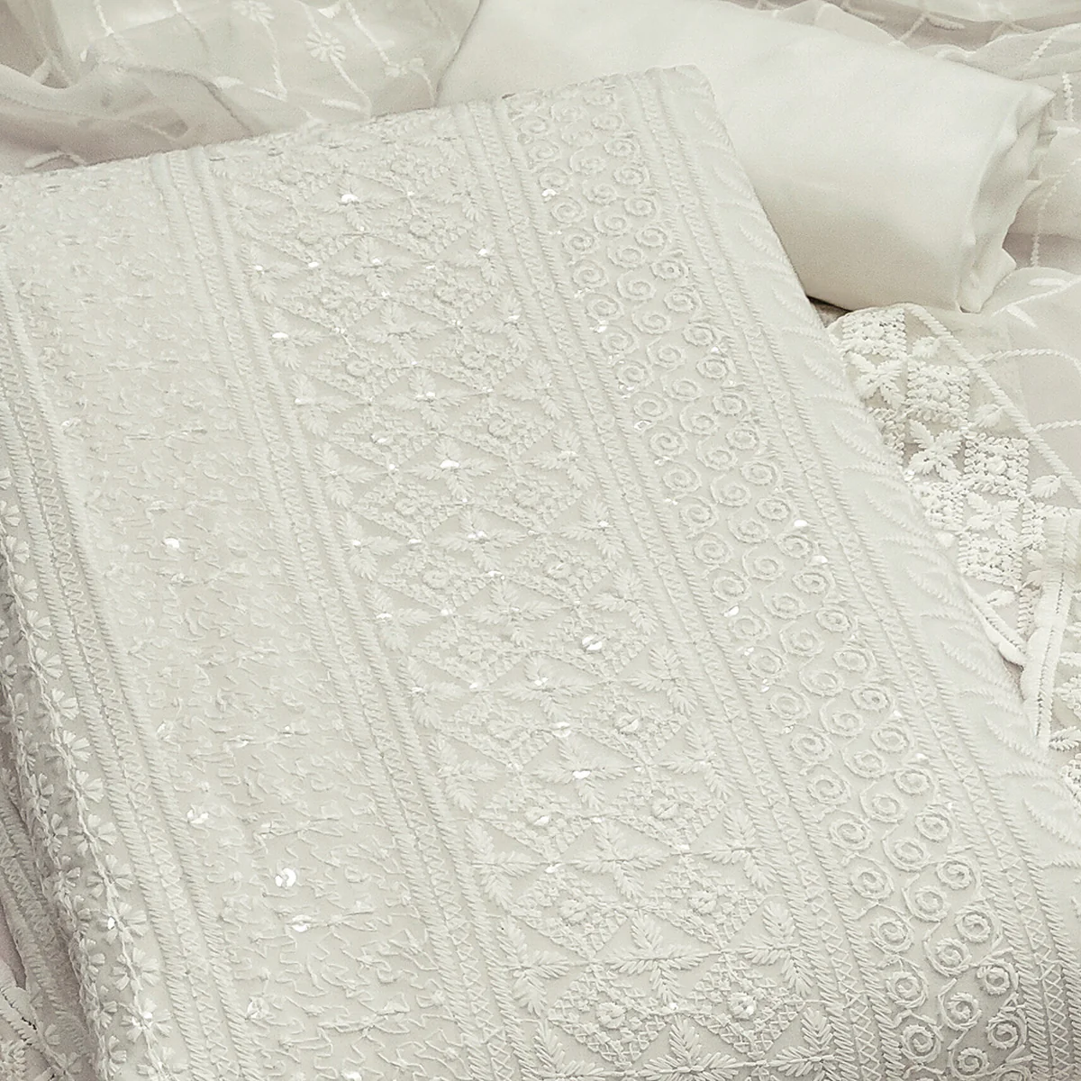 White Floral Thread Embroidery With Sequins Highlighted Georgette Dress Material - Image 2