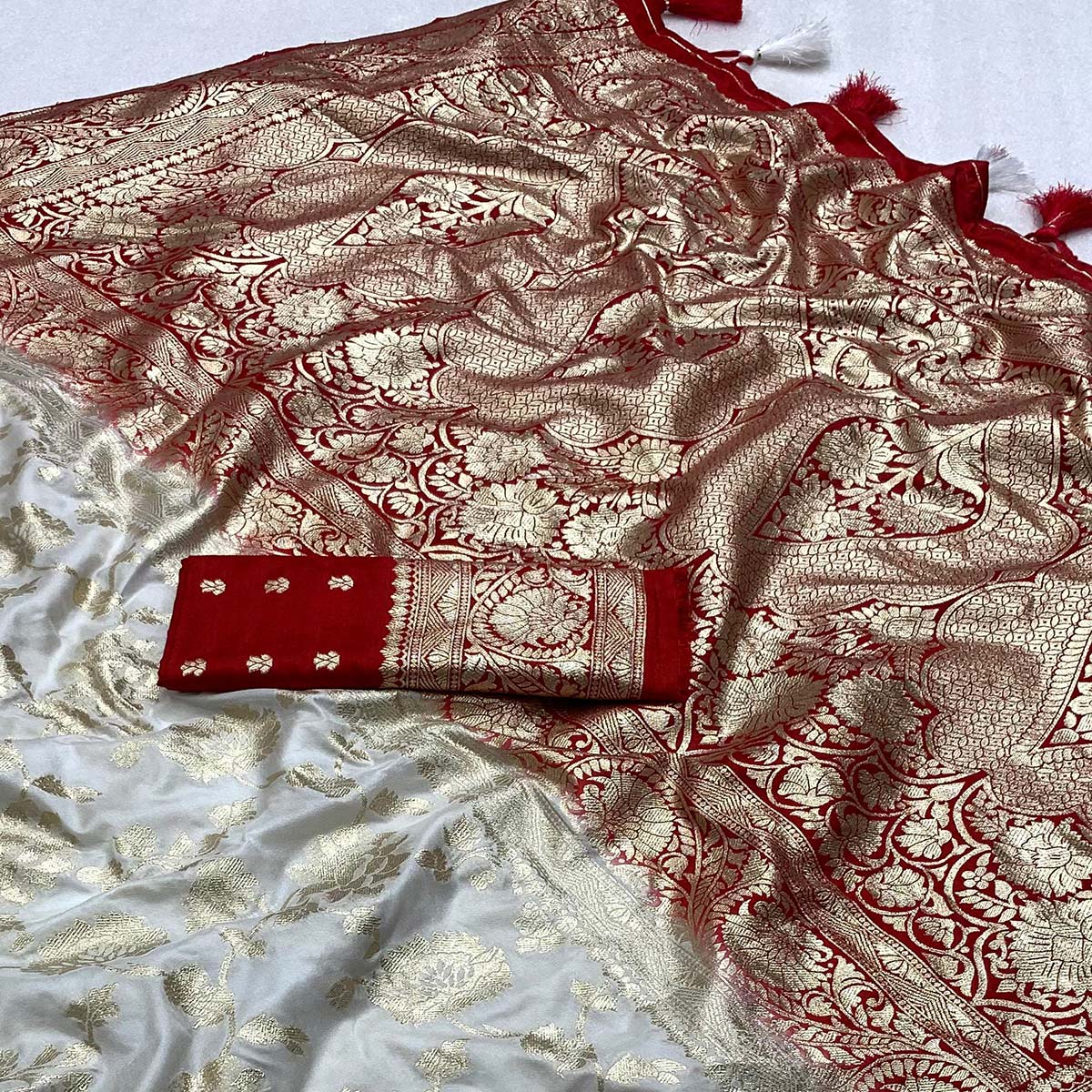 White Floral Woven Viscose Saree - Image 2