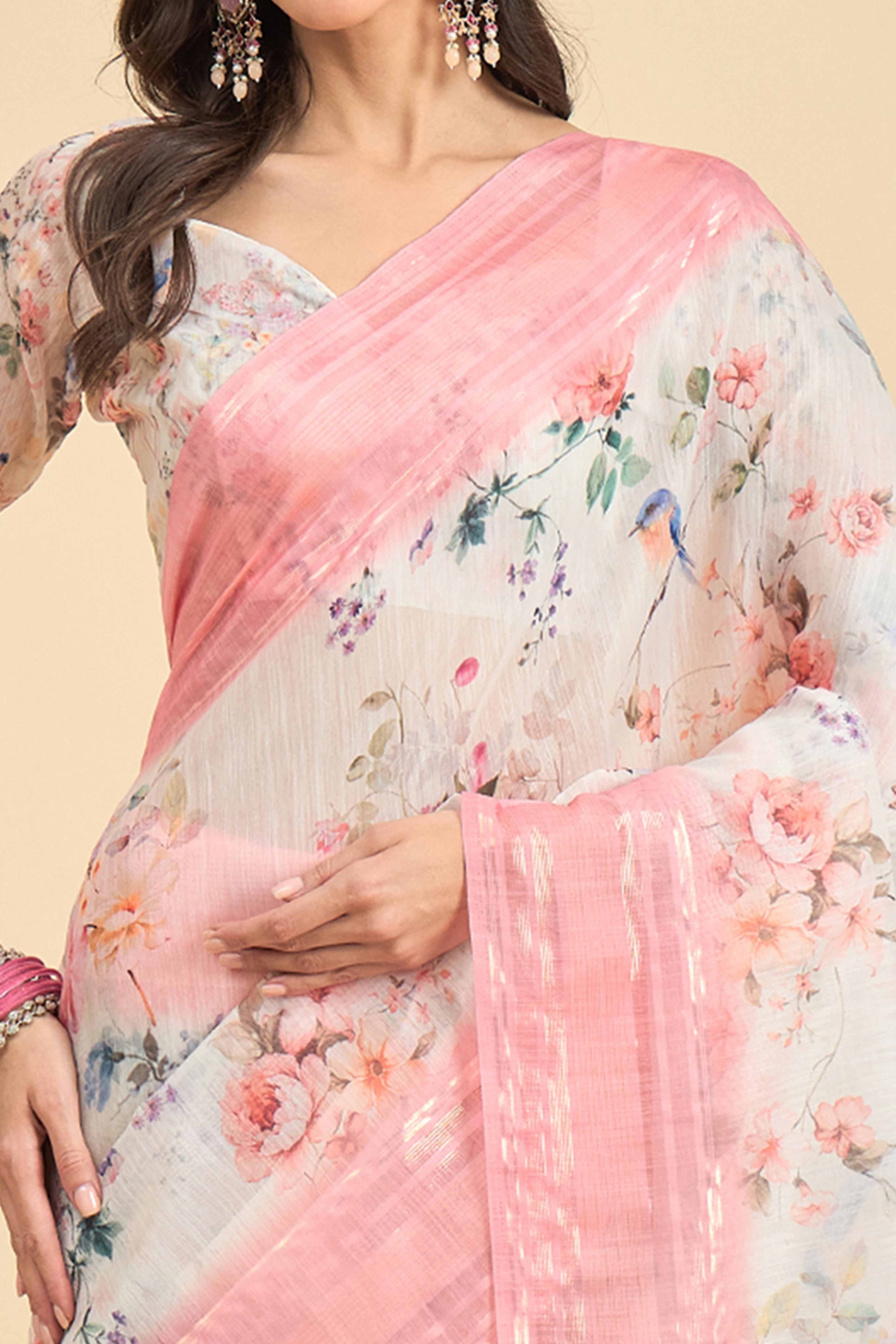 White & Gajari Pink Floral Printed Soft Linen Saree - Image 2