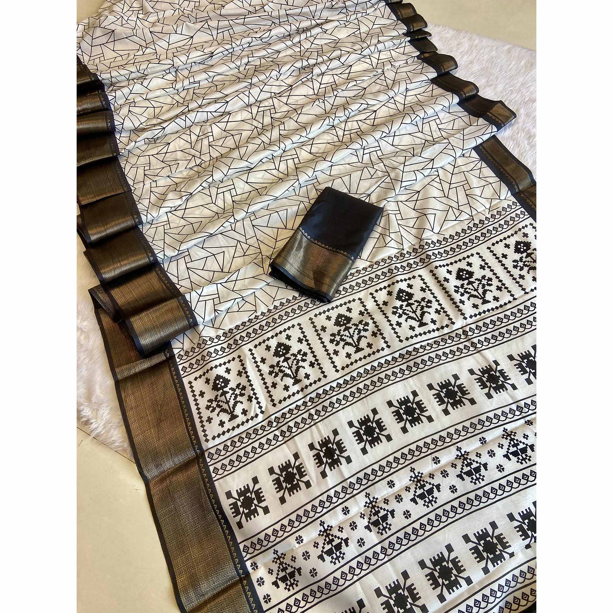 White Geometric Printed Dola Silk Saree With Woven Border - Image 3