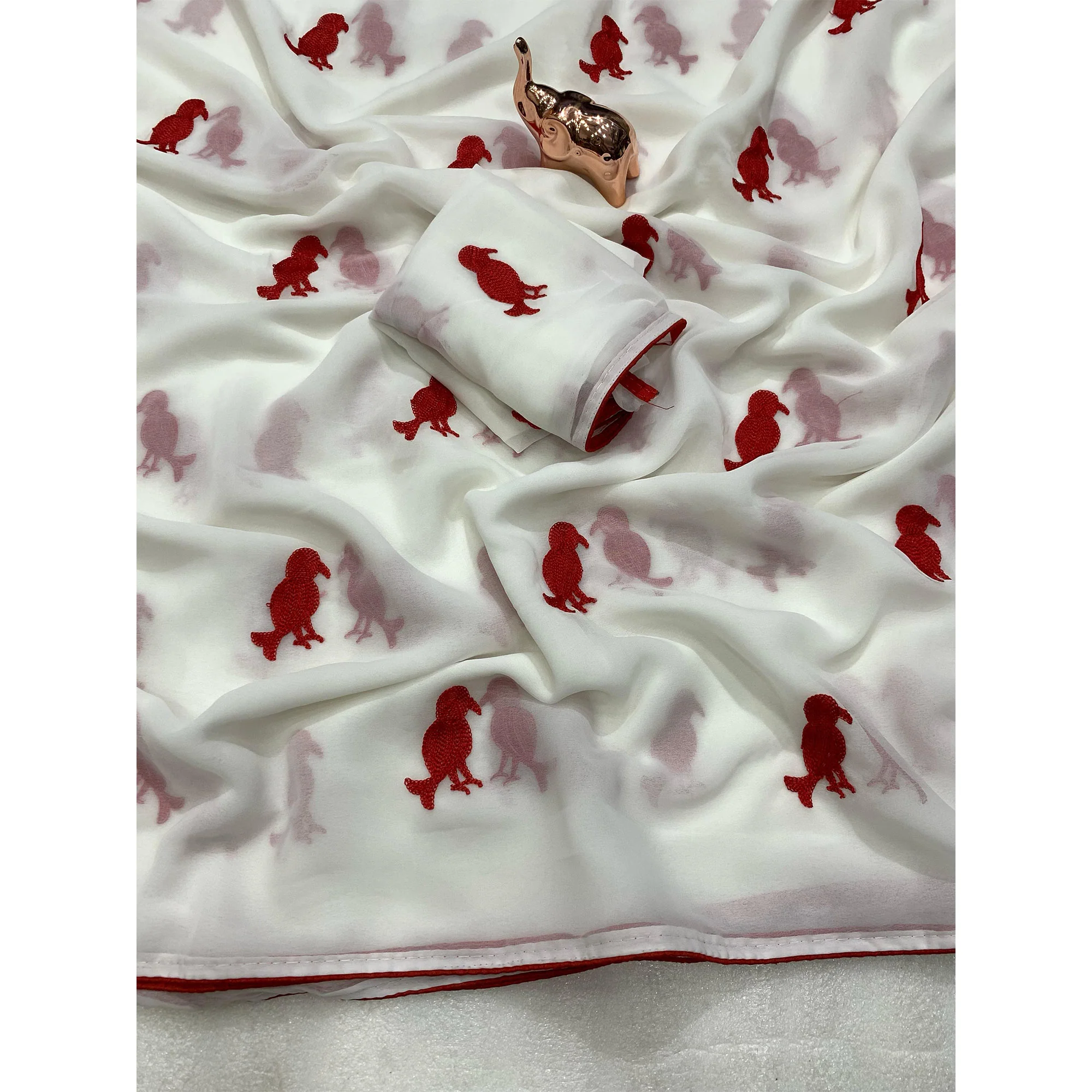 White Georgette Saree Adorned With Elegant Bird Embroidery. - Image 3