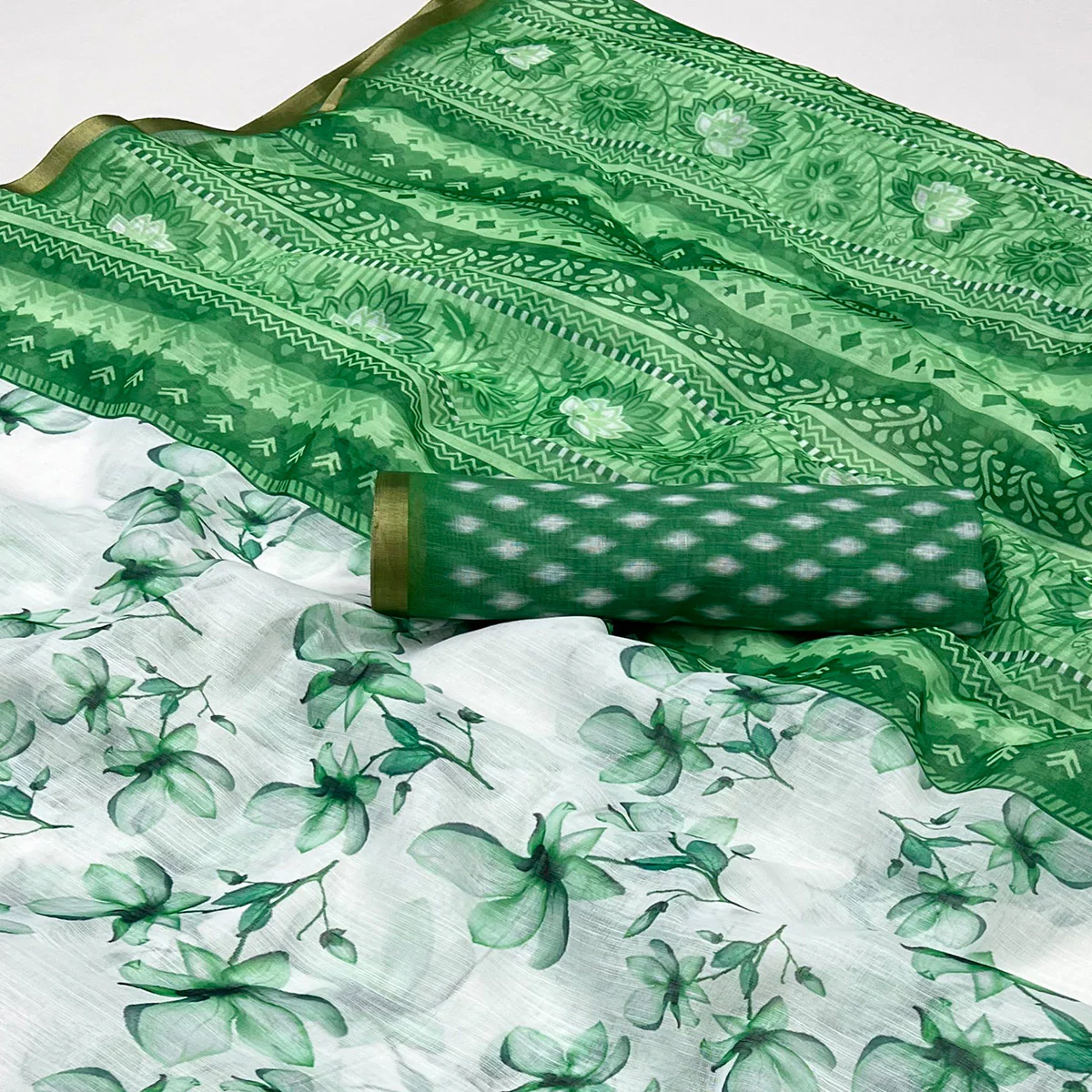White & Green Floral Digital Printed Linen Saree With Zari Border - Image 2