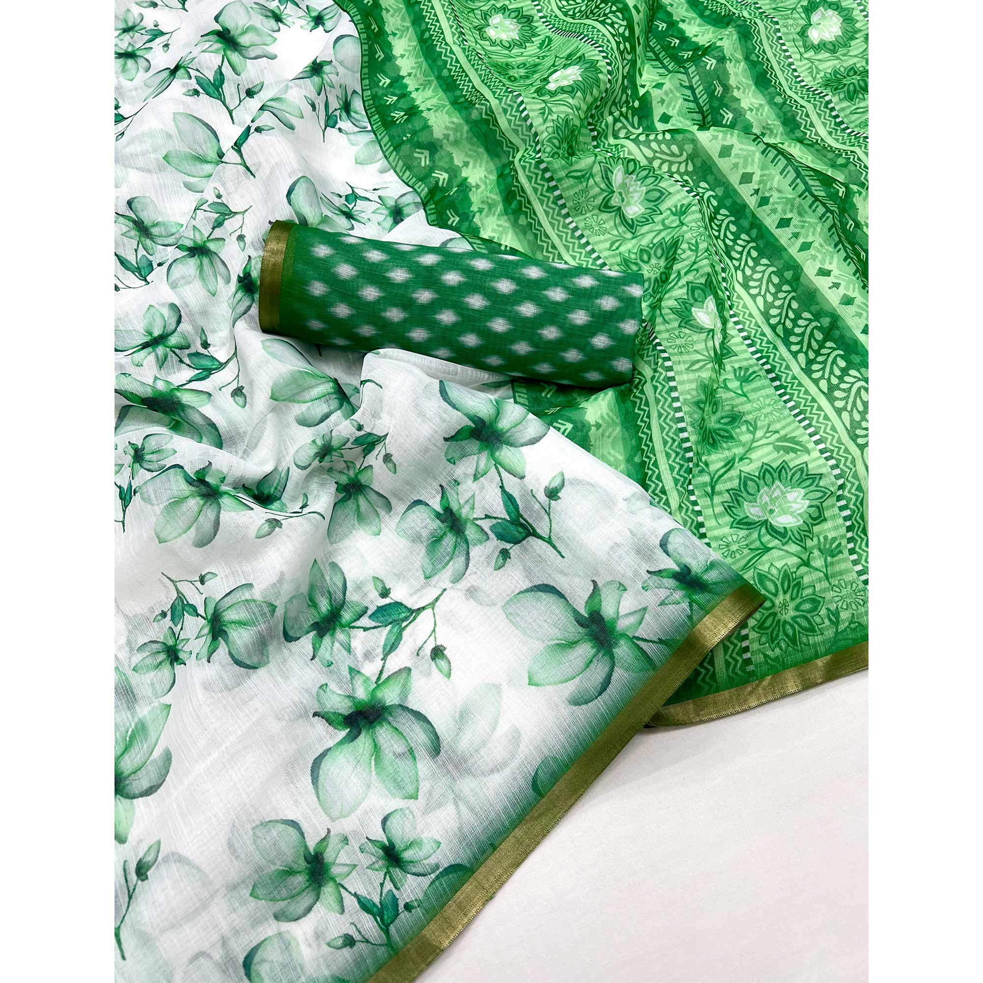 White & Green Floral Digital Printed Linen Saree With Zari Border - Image 3