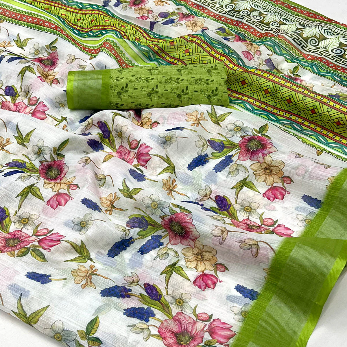 White & Green Floral Digital Printed Linen Saree With Zari Border - Image 2