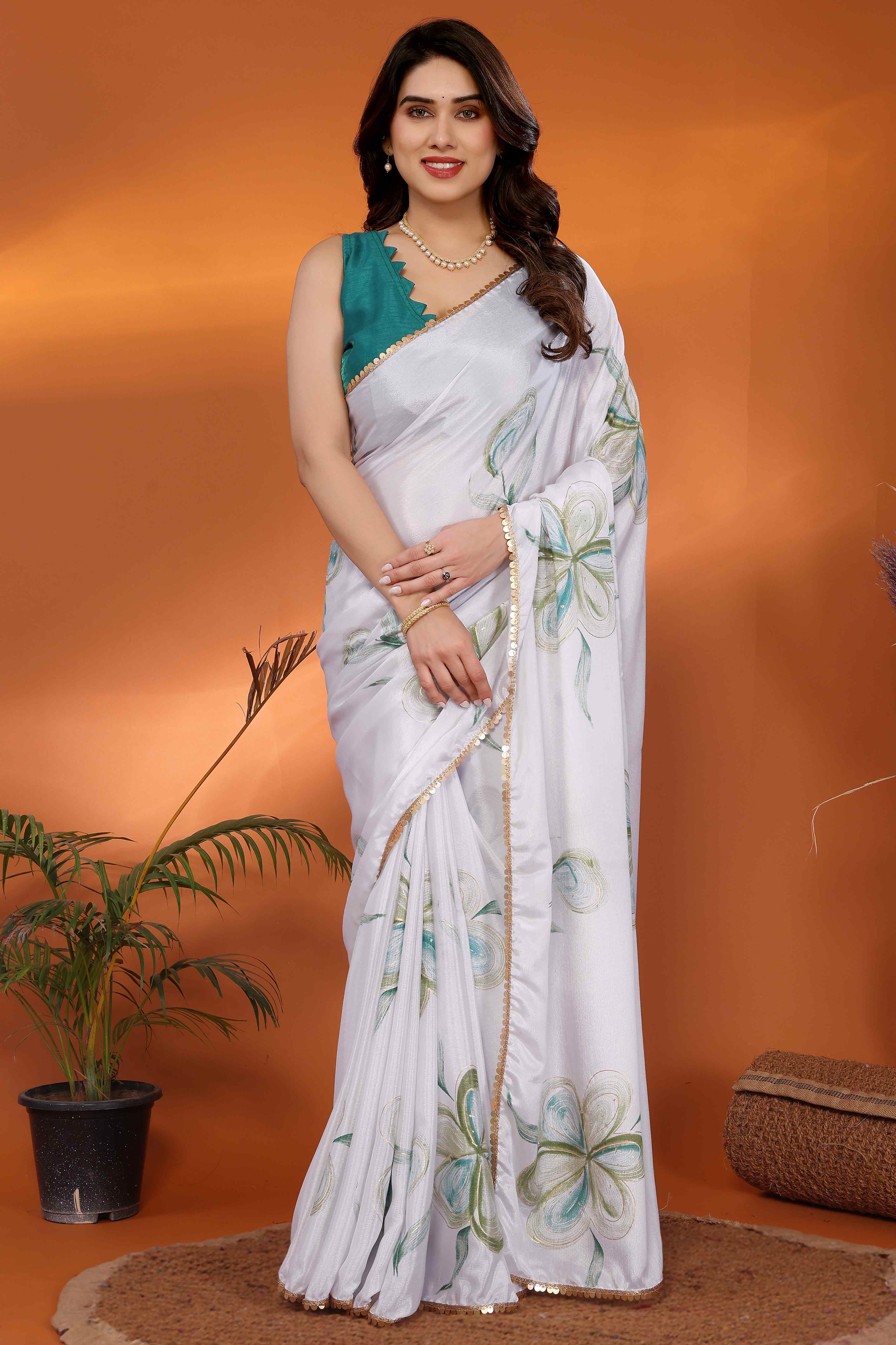 White & Green Floral Printed Chiffon Saree - Image 3