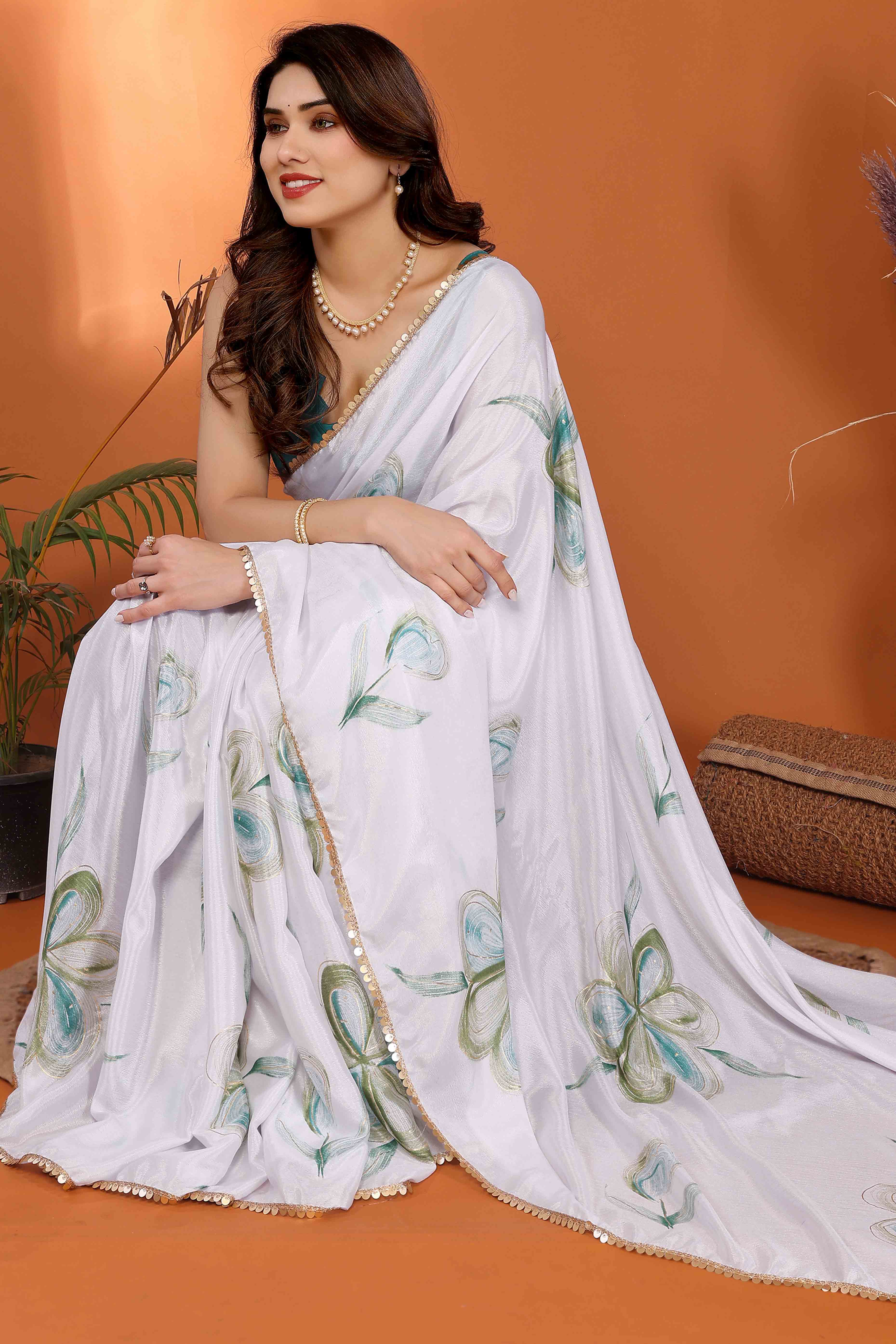 White & Green Floral Printed Chiffon Saree - Image 4