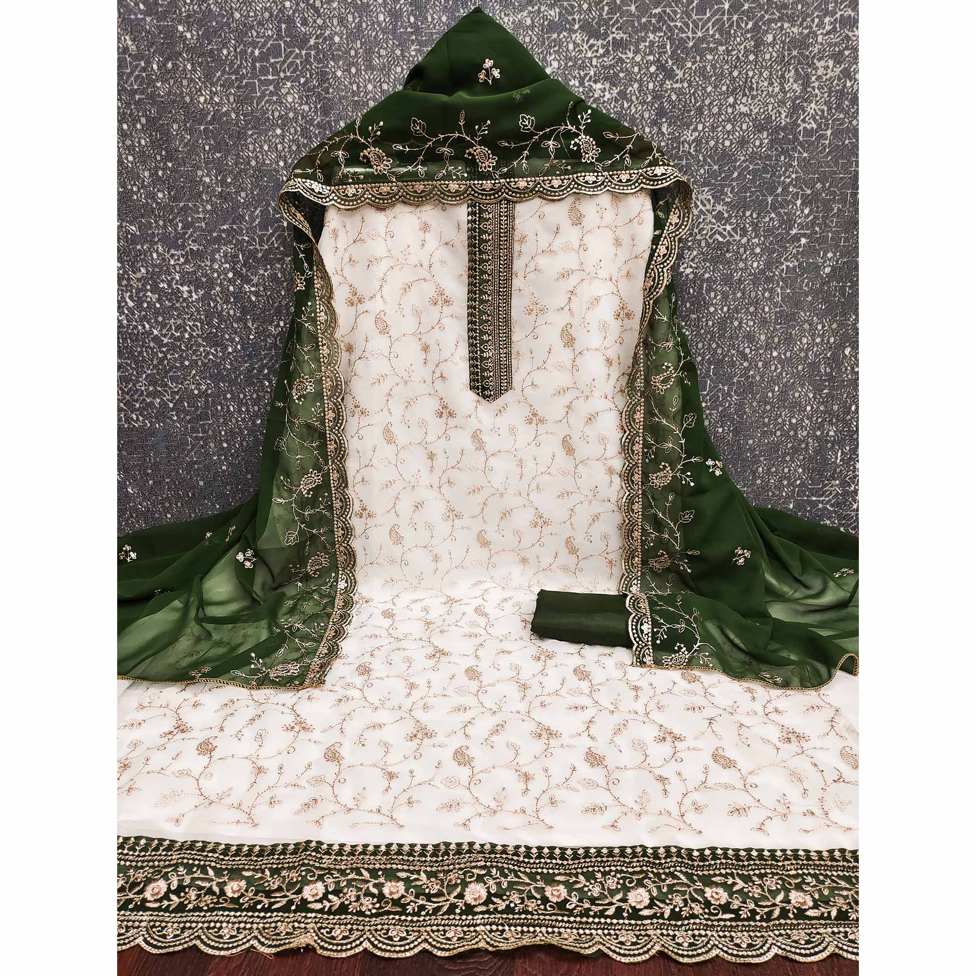 White & Green Georgette Dress Material Showcasing Elegant Floral Thread Embroidery Work - Image 3